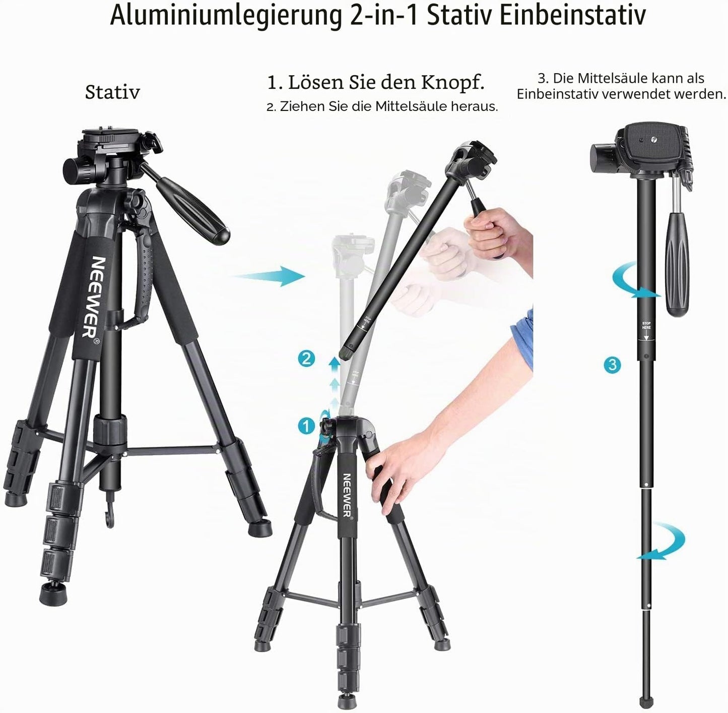 Neewer Portable 177cm Aluminum Alloy Camera Tripod Monopod with 3-Way Swivel Pan Head for DSLR Camera Black - 10089015