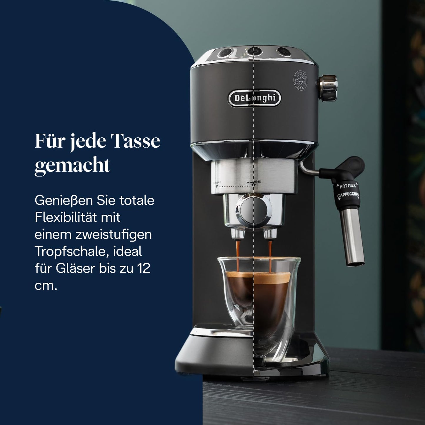 De'Longhi Dedica Style - Perfetto compact portafilter machine espresso machine with buttons, manual milk frother for espresso and cappuccino, ESE pad suitable, 15cm wide, black (EC685.BK) - 0132106170