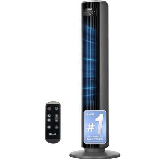 Levoit - DC motor tower fan - 20dB very quiet fan - 4 modes/12 levels/12 hour timer - remote control & cooling - tower fan with 7.9m/s speed - 24W pedestal fan - gray, 92 cm - LTF-F362-AEU