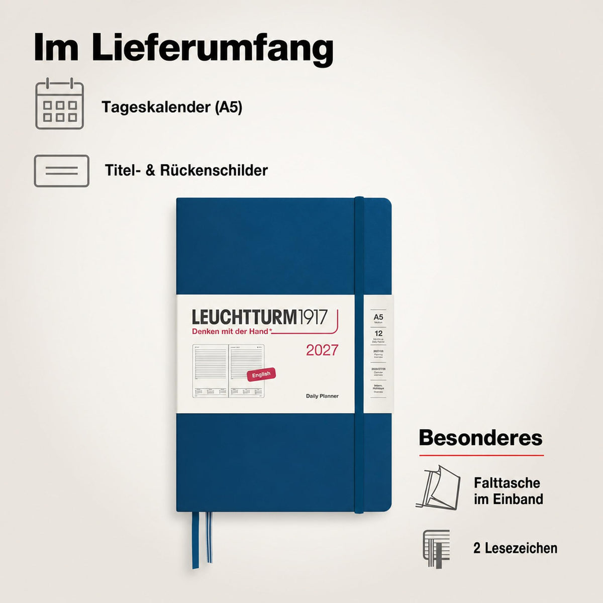 LEUCHTTURM1917 Daily Calendar 2027 Medium (A5) - English, Indigo, 145 x 210 mm, January-December (12 months), 1 page per day, hourly grid 7:00-22:00, hardcover, 80 g/m² paper - 400330