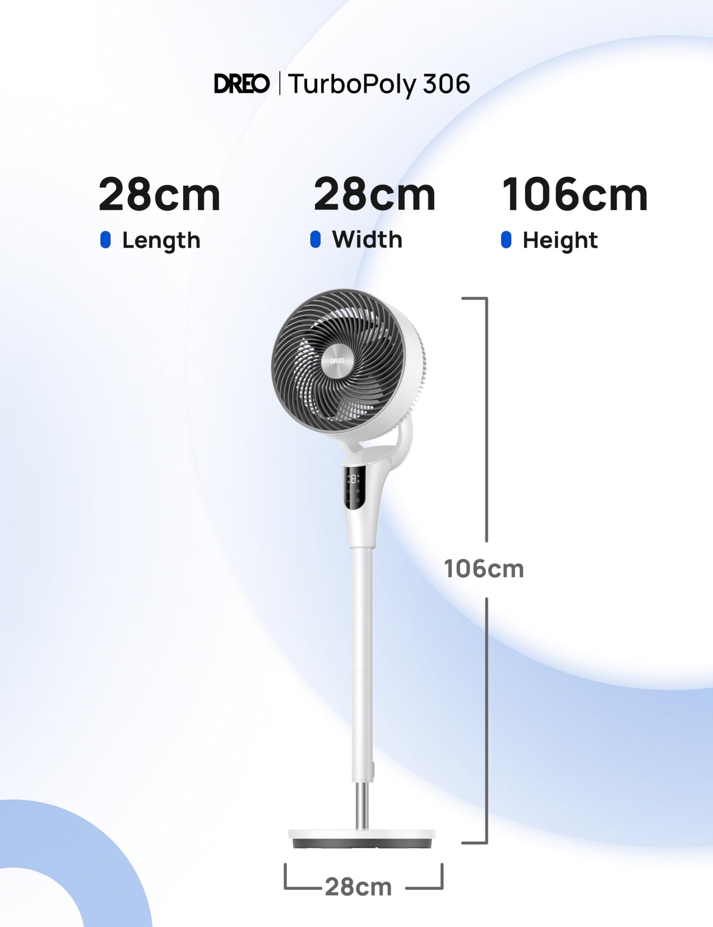 DREO Quiet Stand Fan for Bedroom [Improved], 27m Airflow, Quiet, 90° Oscillating, DC Motor, 8 Speeds, 3 Modes, 96-106cm Height Adjustable, 8H Timer, 105° Manual Tilt - DR-HPF013