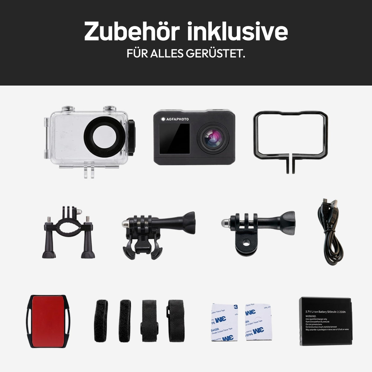 AgfaPhoto - Cameră sport - AC7000 - True 2.7K 30FPS, Ecran tactil dublu, Unghi larg de 120°, Carcasă rezistentă la apă până la 30m - WiFi - 10 accesorii incluse