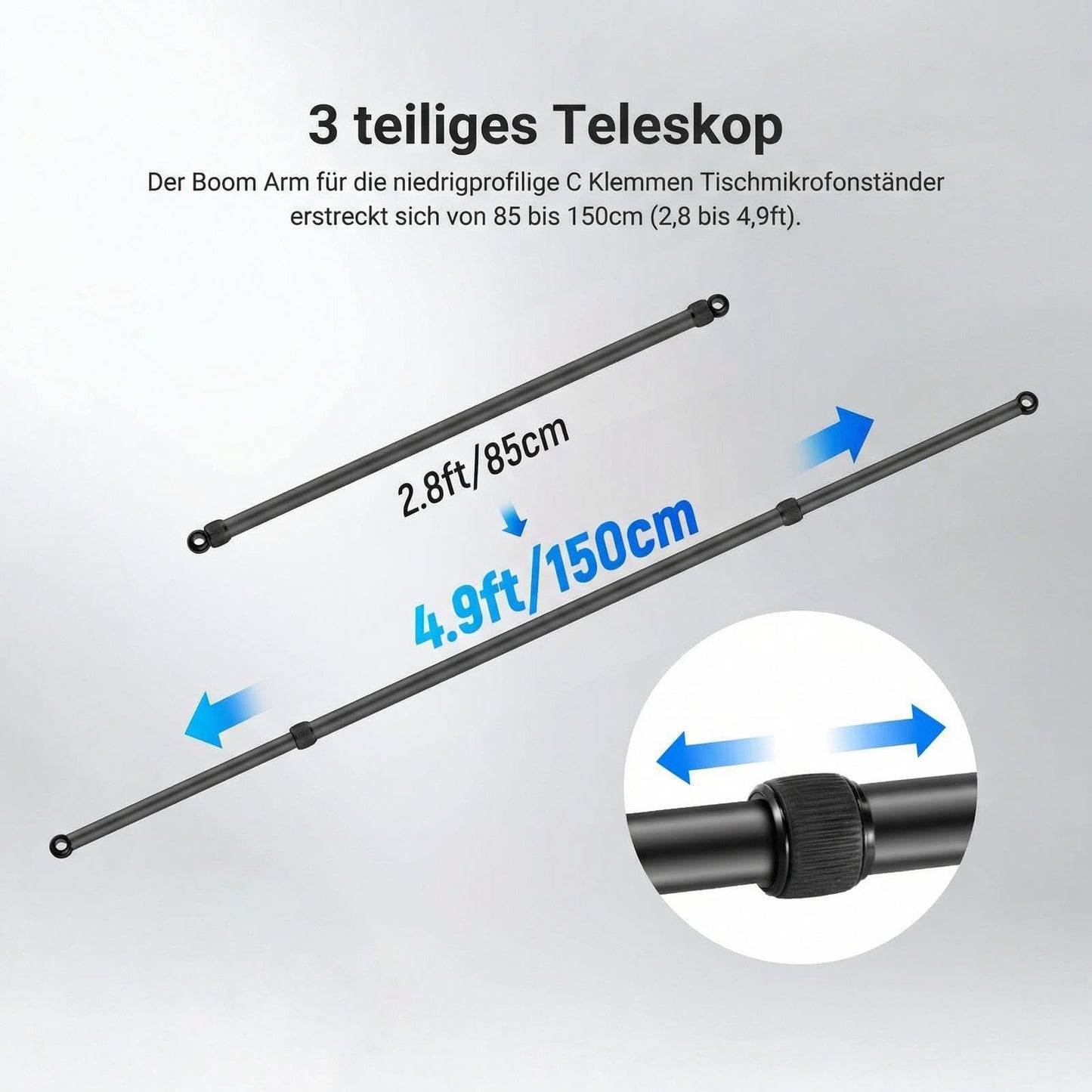 NEEWER 85-150cm Horizontal Boom Arm only for NEEWER NK002 NK003 Overhead Table Camera Mount Rig Webcam Stand, Telescopic Cross Arm for Mobile Phone Holder LED Light Video Recording Streaming, NK009