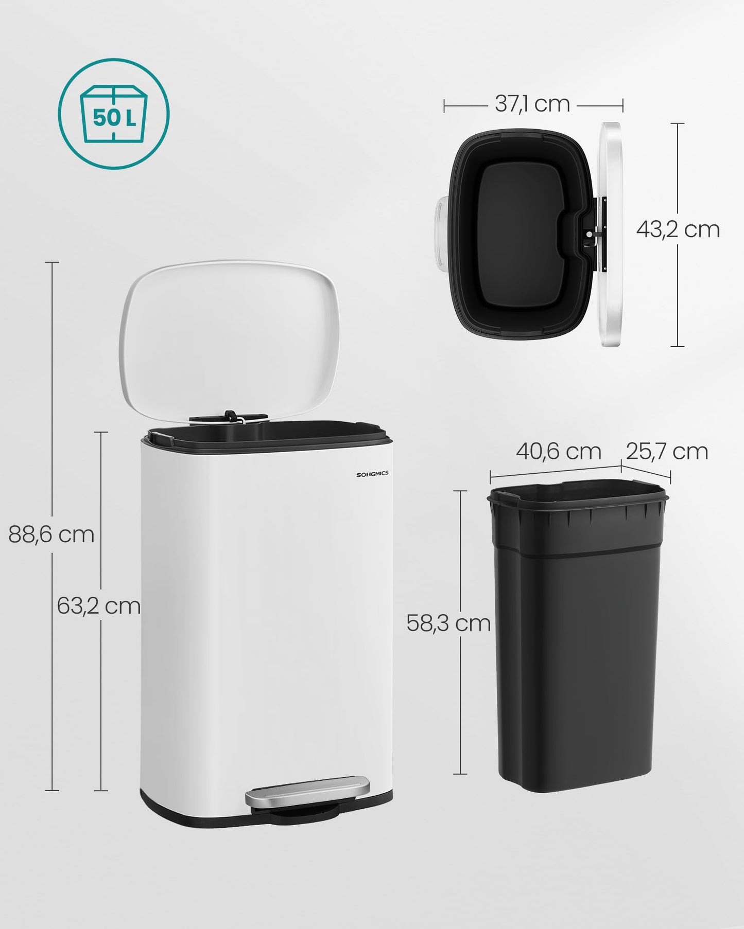 SONGMICS kitchen rubbish bin, 50 liters, waste bin, pedal bin, with lid, soft close, foot pedal, steel, inner bin, white LTB101W01
