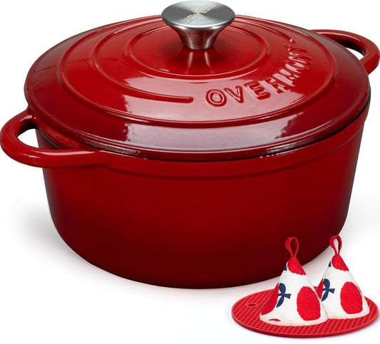 Oală din fontă Overmont Casserole 26cm - Vas de gătit emailat cu capac, rezistent la cuptor - cu carte de bucate - pentru gătit, coacere, înăbușire, prăjire, roșu - Oală olandeză