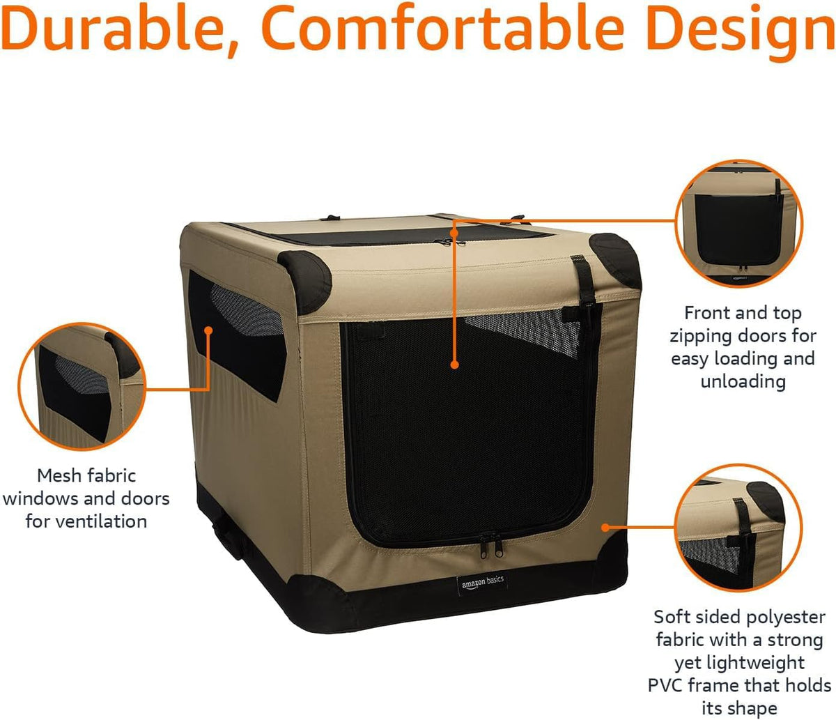 Amazon Basics Dog House with 2 Doors, Portable, Soft, Foldable, Size M (76 x 54 x 54 cm), Beige - 12002-30-APL
