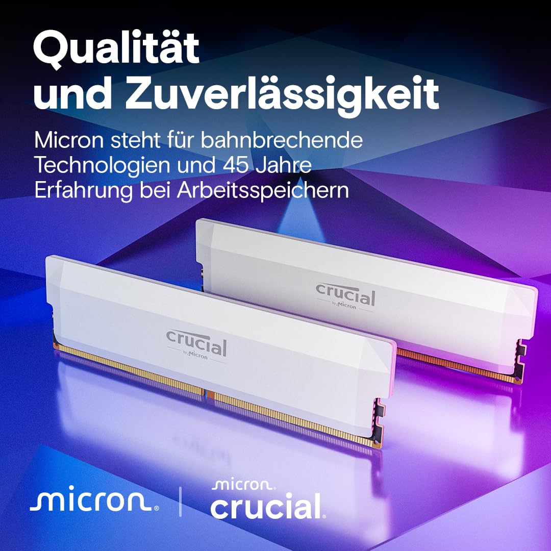 Crucial Pro DDR5 RAM 32GB Kit (2x16GB) 6000MHz CL36, Overclocking Gaming, Intel XMP 3.0 / AMD Expo, PC Computer RAM, White - CP2K16G60C36U5W