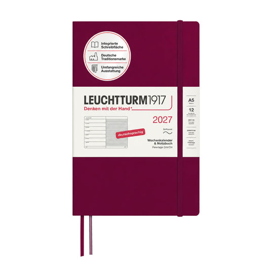 LEUCHTTURM1917 Weekly Calendar 2027 Medium (A5) with Notebook - German Appointment Planner, Port Red, Softcover, January-December 2027, Weekly Overview on the Left + Notes Page on the Right - 400067