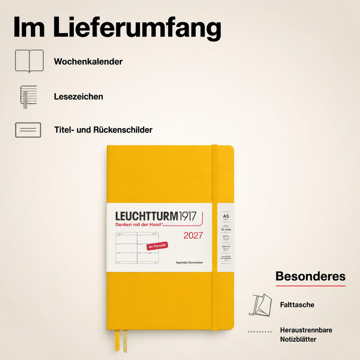 LEUCHTTURM1917 Calendar săptămânal 2027 mediu (A5) - franceză, floarea soarelui, copertă cartonată, 12 luni - ianuarie-decembrie 2027, 1 săptămână pe pagină dublă cu compatibilitate ridicată cu cerneală - 400404