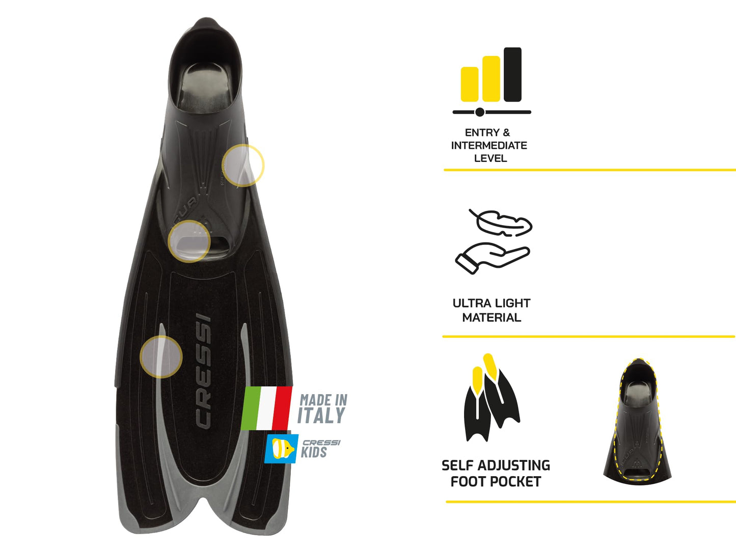 Cressi Agua Fins Swimming Fins - Adjustable Foot Section for Diving - Ergonomic Short Fins Adults & Children - Durable Fin Material - Black/Sheer Joy - 41/42 - CA205041
