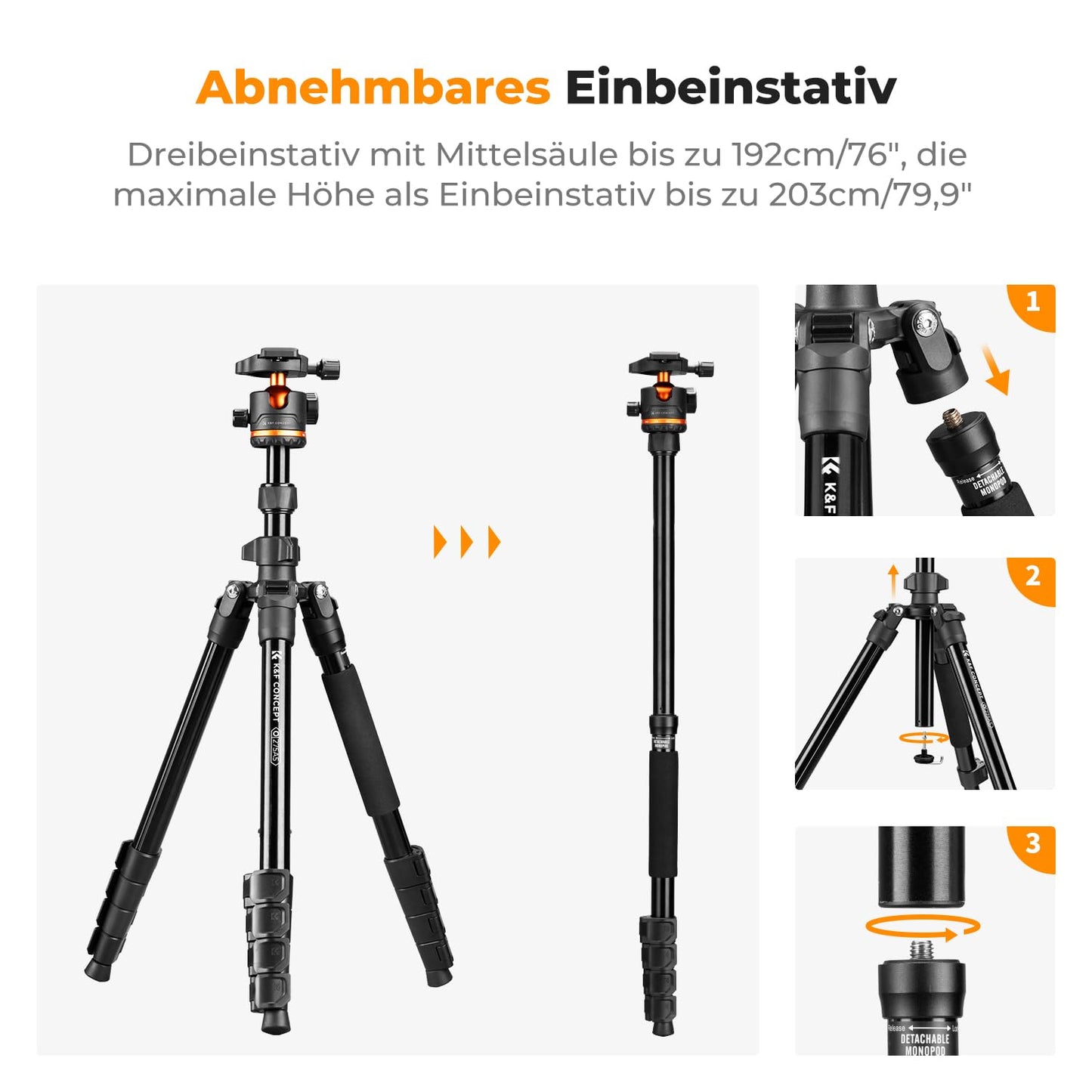 K&F CONCEPT camera tripod, black-orange, 192cm - O275A5+BH-36