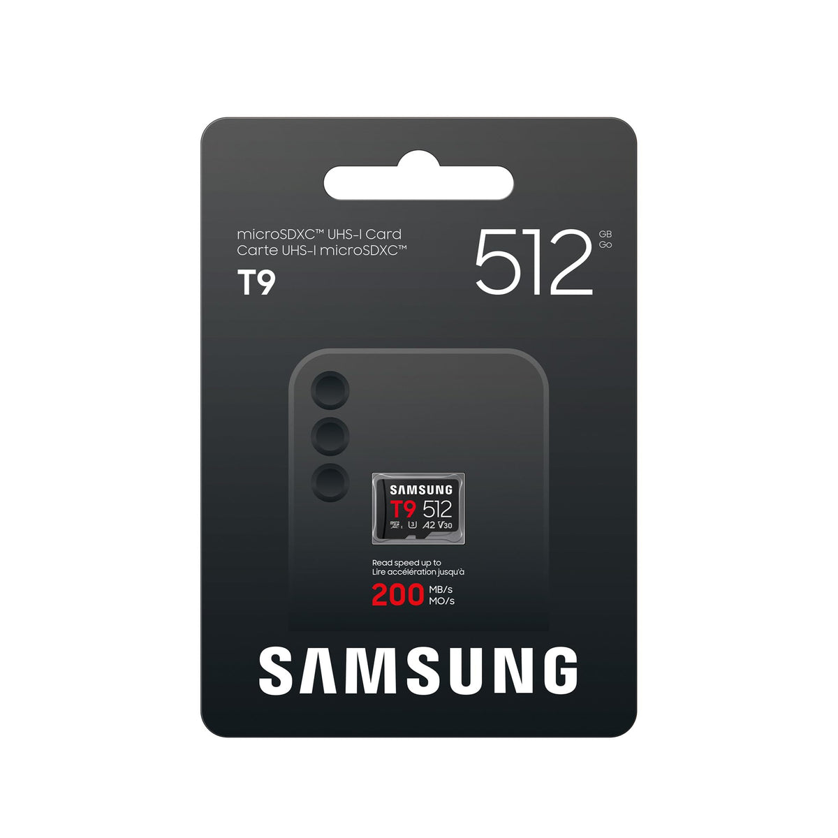 Samsung T9 microSD-Karte, 512 GB, cardă de memorie pentru utilizare în drone, camere de acțiune și camere 360°, UHS-I U3, Full HD & 4K UHD, 200 MB/s citire, 130 MB/s scriere, MB-MH512T/WW