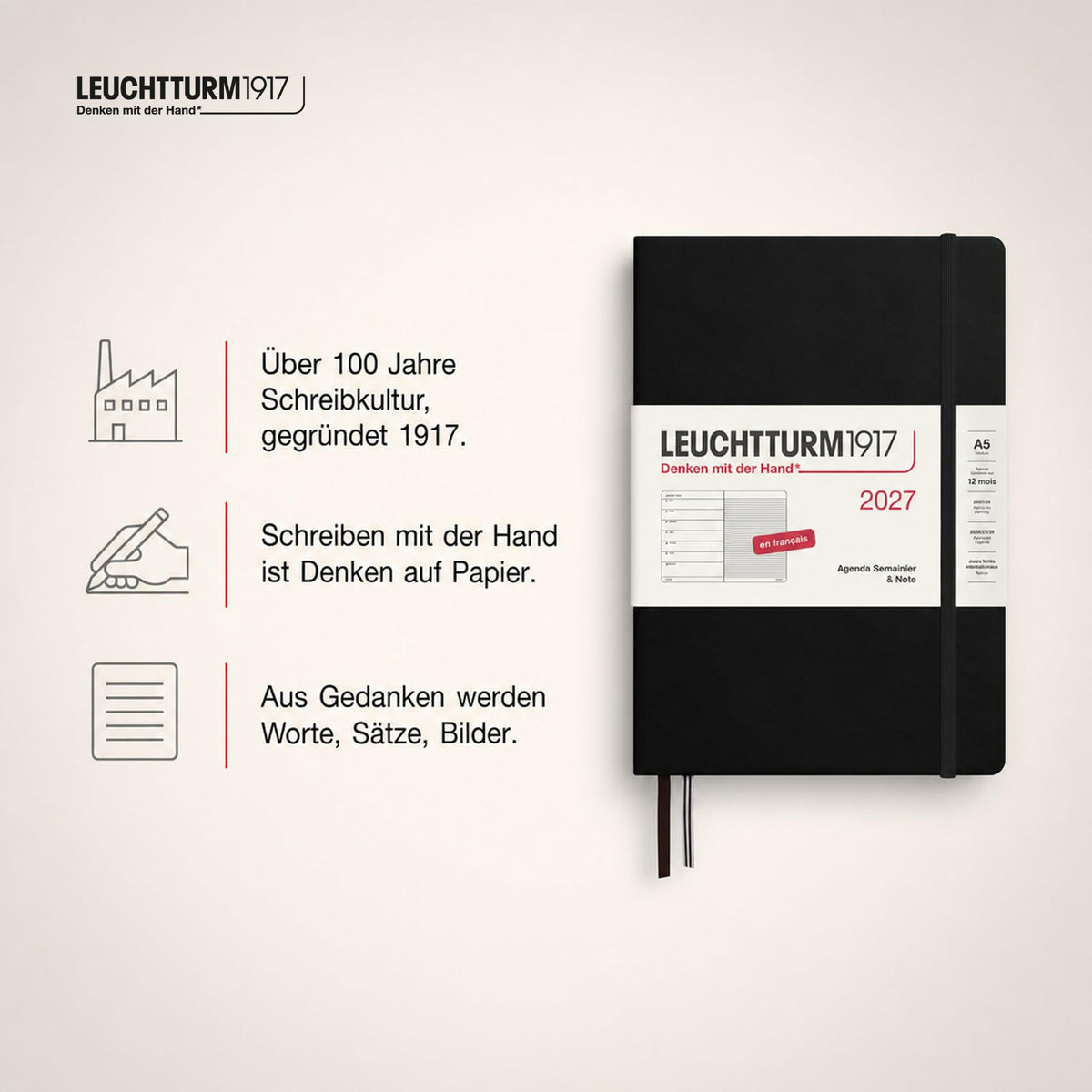 LEUCHTTURM1917 weekly calendar 2027 medium (A5) with notebook, lined - French appointment planner, black, hardcover, January-December 2027, weekly overview on the left + note page on the right - 400376
