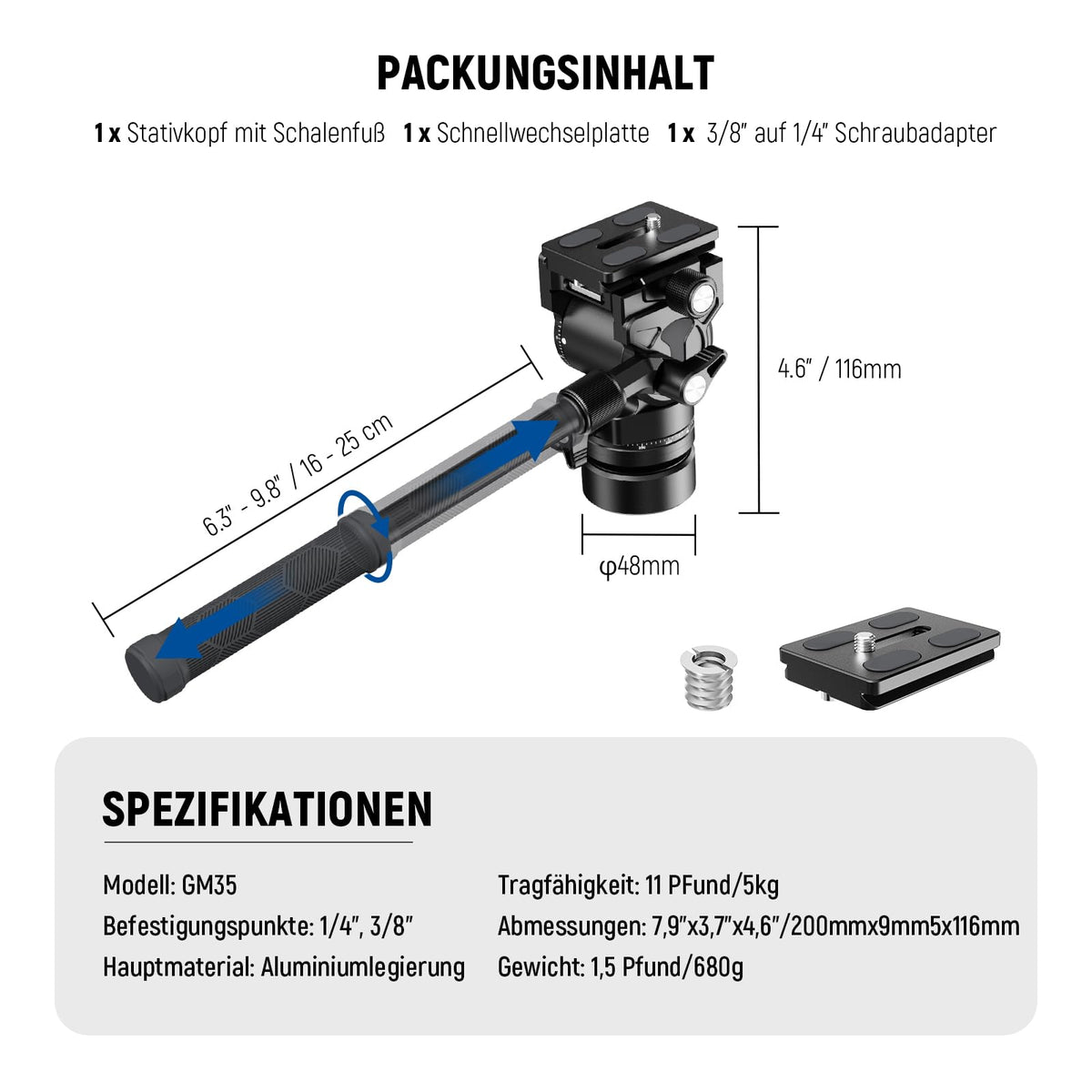 NEEWER Videostativ Fluidkopf cu bază de nivelare +/-7° (φ48mm), mini cap de înclinare și panoramare din metal cu placă Arca QR, mâner telescopic pentru cameră video compactă DSLR, capacitate maximă de încărcare 5kg GM35