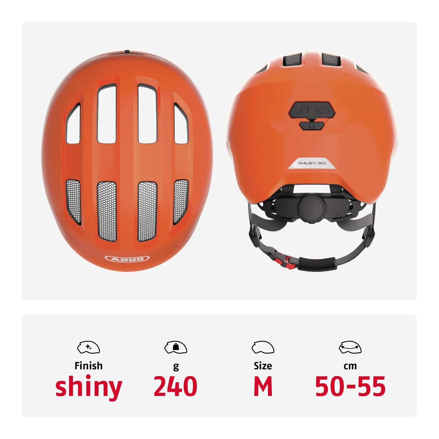 ABUS children's helmet Smiley 3.0 - bicycle helmet with a deep fit, child-friendly designs & space for a braid - for girls and boys - shiny orange, size M - 67276