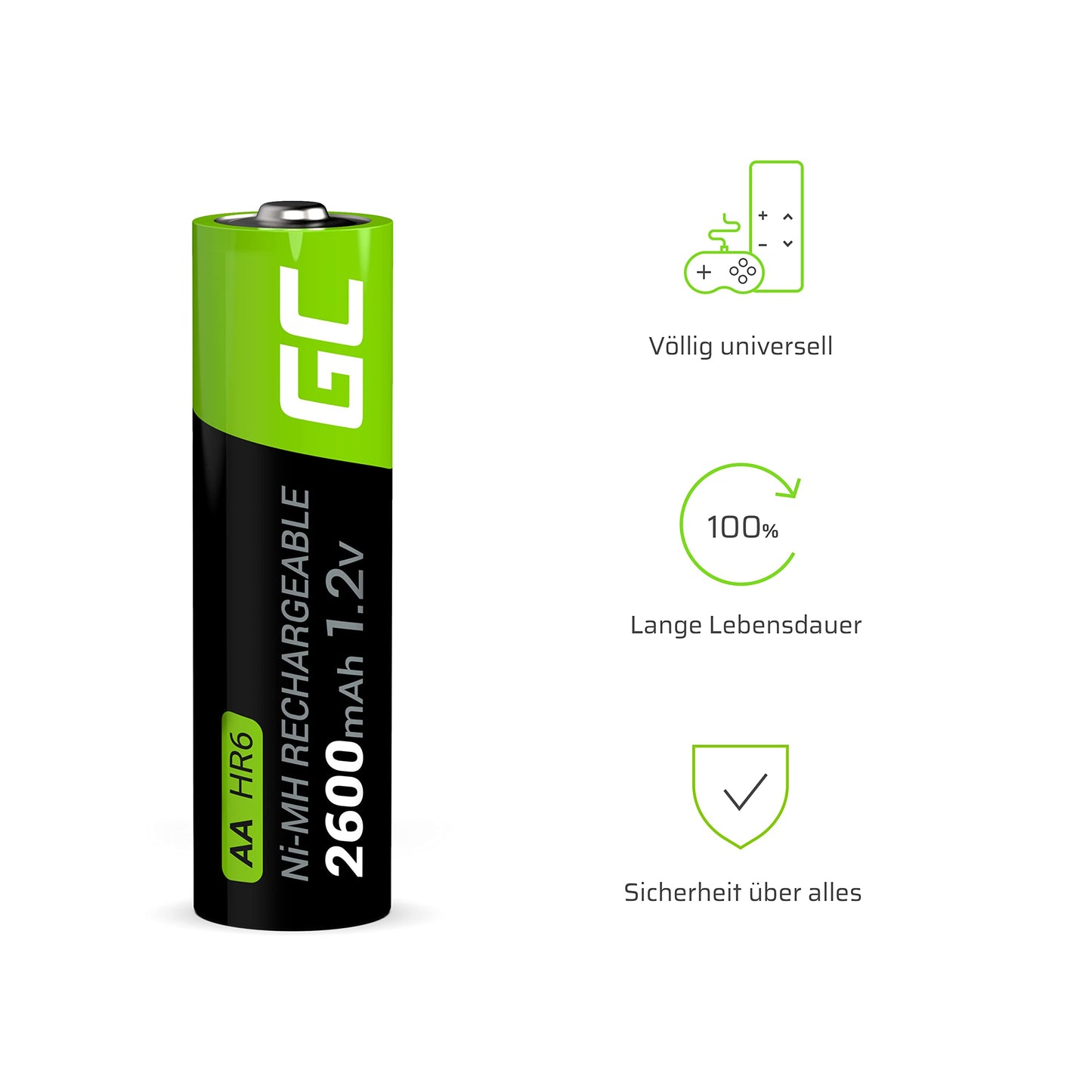 GREEN CELL battery 2600 mAh 1.2V 8 pieces AA Mignon batteries, type NI-MH, 1.2v pre-charged, high capacity, reliable battery, long-lasting battery AA solutions - GR09