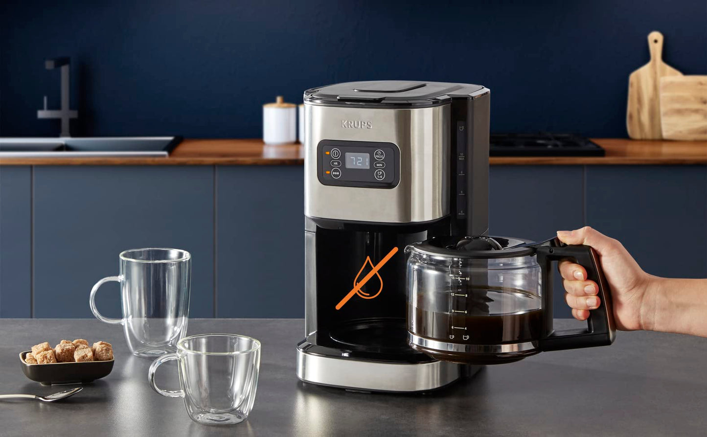 Krups KM480D Excellence Stainless Steel Programmable Filter Coffee Machine, 24-hour timer, brew strength selection water head, pre-infusion mode, anti-drip system, 1.25 L capacity, 15 cups - KM480D10