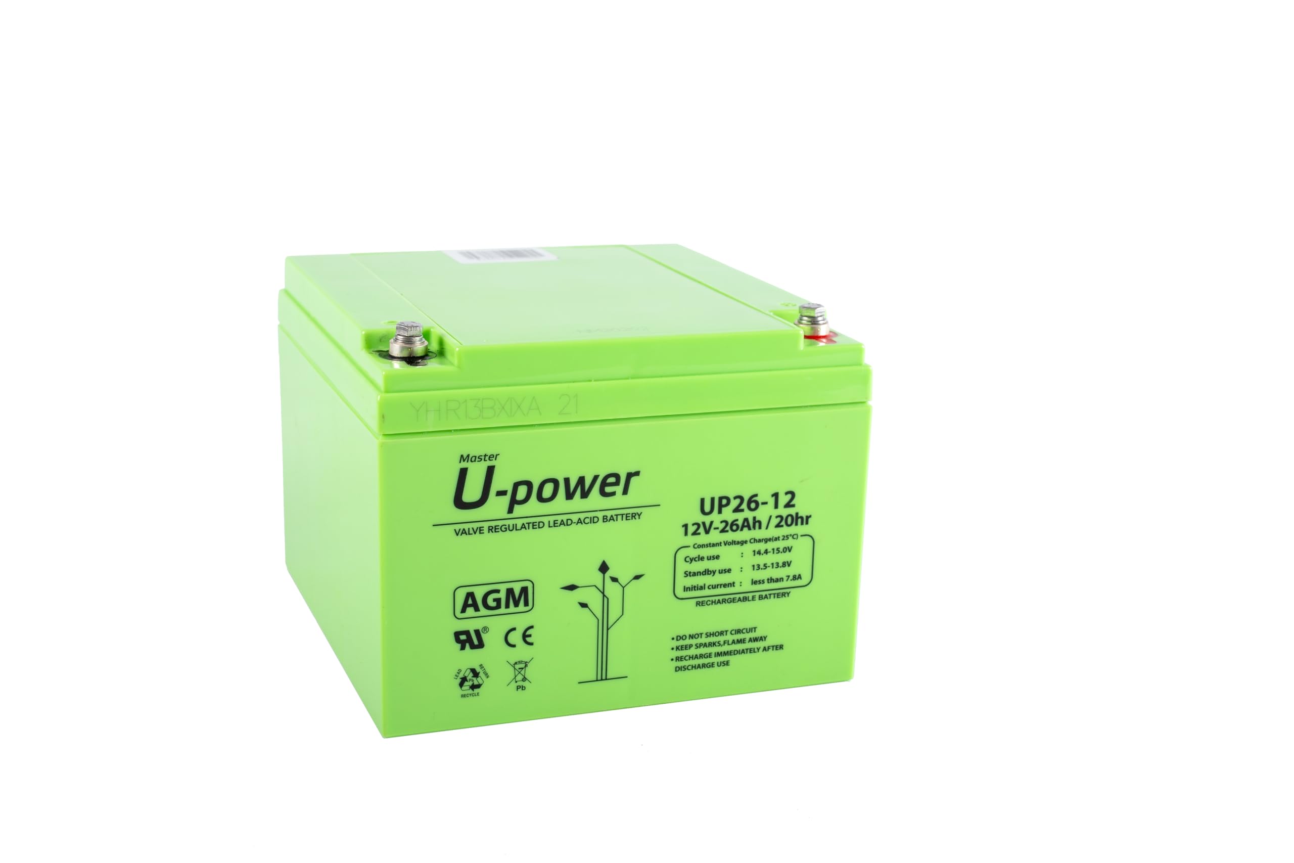 U-Power AGM battery 12V 26Ah, VRLA lead battery maintenance-free, rechargeable, screw connection M6, for UPS/UPS, alarm systems, solar systems & security