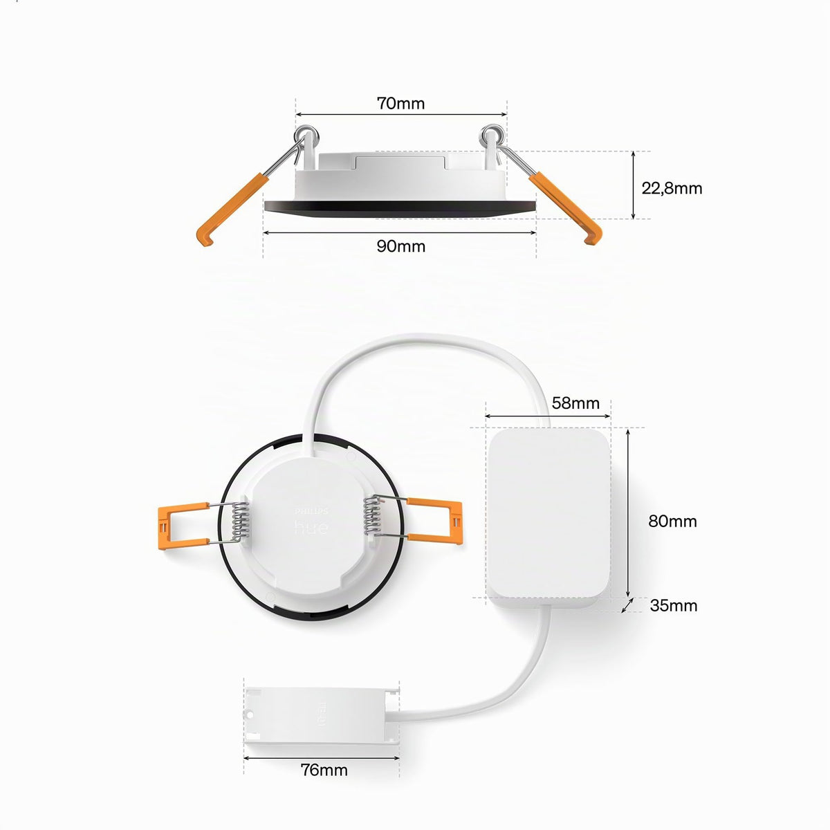 Philips Hue Slim Downlight, iluminare LED inteligentă, 1.000 lm, 90 mm, design subțire, spectru complet de lumină naturală 1.000–20.000 K, extrem de dimabil, culoare precisă, iluminat inteligent, negru, pachet de 1 bucată - 929004291101