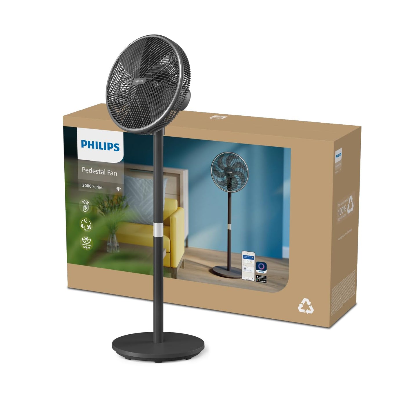 Philips Smart pedestal fan series 3000. Strong & extremely quiet SilentWings technology. 19dB. 2-in-1 table & pedestal fan. Tiltable & rotatable. App control. 12 hour timer. Black (CX3550/01)