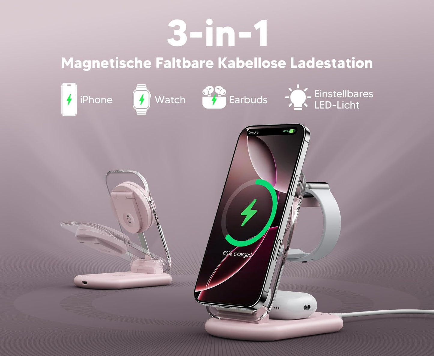 Mag Safe Charger, Charging Station and iPhone, 3 in 1 Mag Safe Charging Station Compatible with iPhone 17e 17 16 15 14 13 12 Pro Max/Air/Plus/Pro, for Apple Watch 10/9, Airpods 3/2/Pro, Foldable, Pink - T618-F