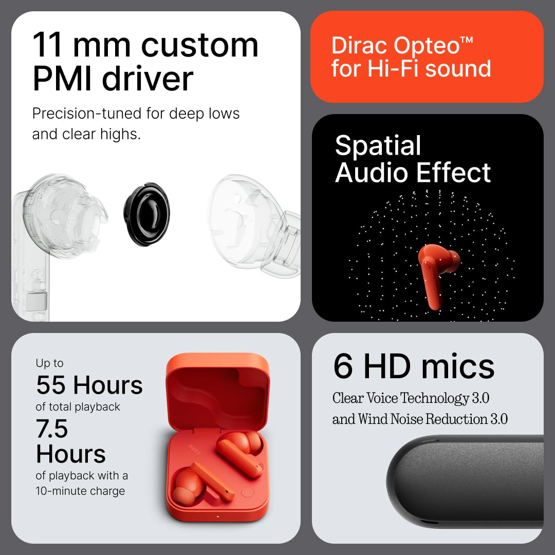 CMF by Nothing Buds 2 Wireless Earbuds with 48 dB Hybrid ANC, 55 Hour Battery Life, 11mm PMI Driver, 6 HD Microphones and Spatial Audio, IP55 Waterproof - Dark Gray