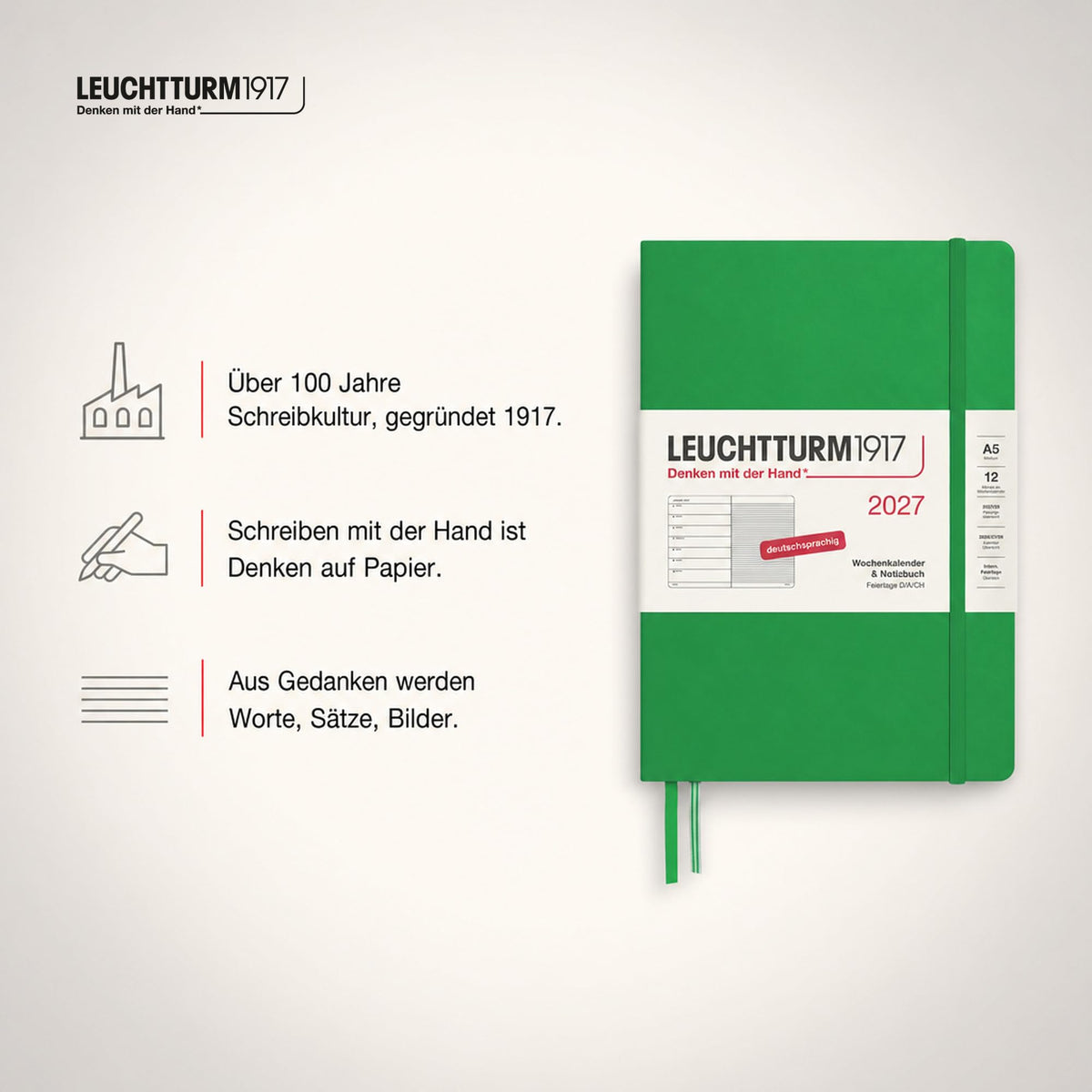 LEUCHTTURM1917 Weekly Calendar 2027 Medium (A5) with Notebook - German Appointment Planner, Spring Leaf, January-December 2027, Weekly Overview on the Left + Notes Page on the Right - 400053