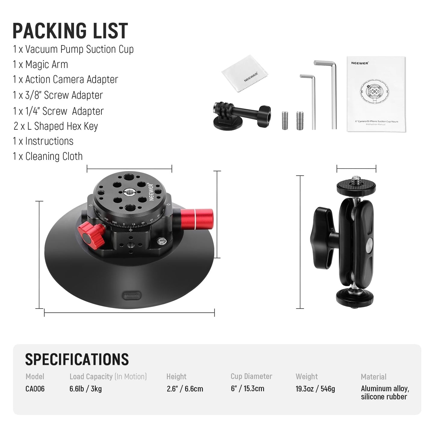 NEEWER 6" Suction Cup Camera Mount Compatible with GoPro Metal Ball Head for Windshield with Magic Arm and Action Cam Adapter Cleaning Cloth for DSLR Mobile Phone Holder for POV Recordings, CA013