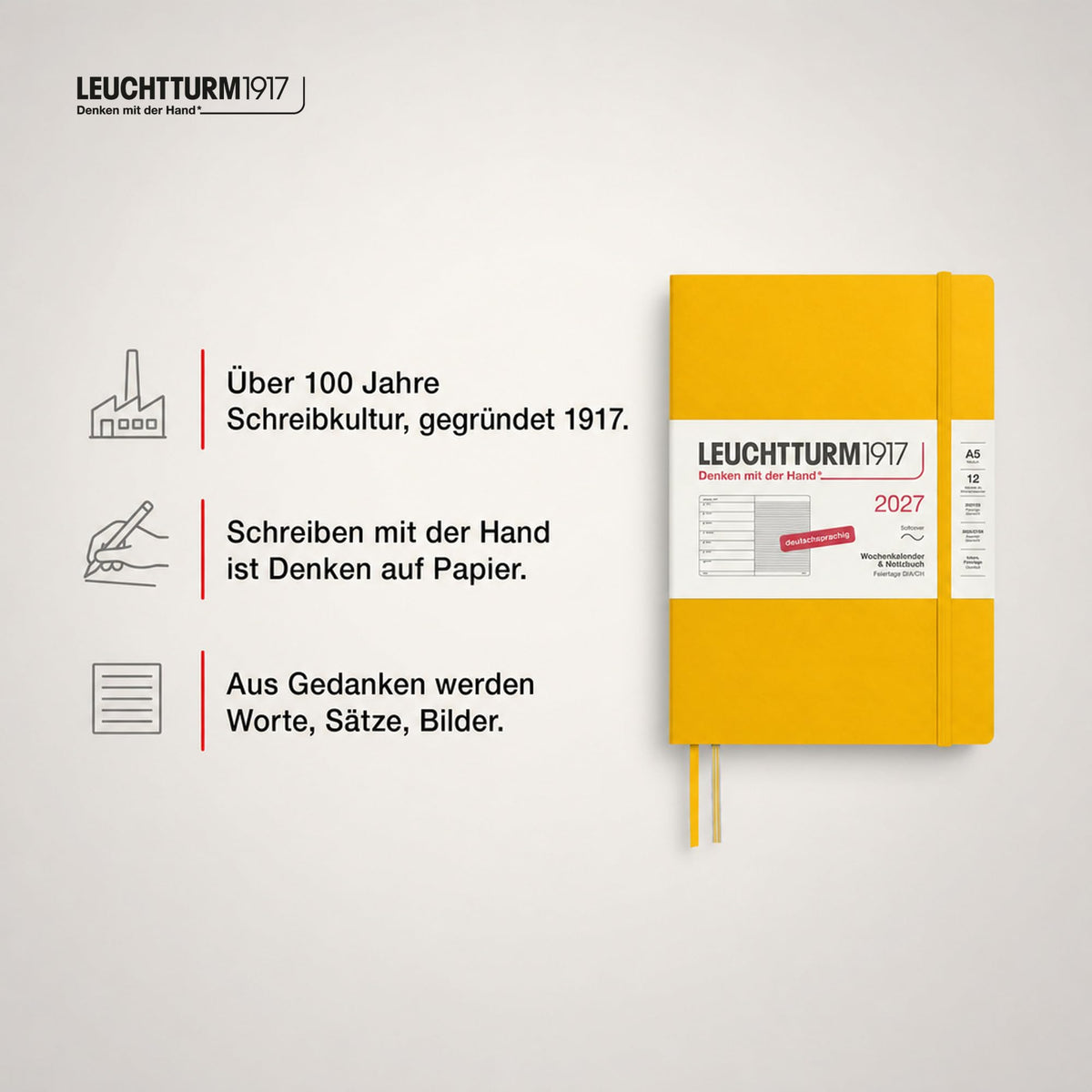 LEUCHTTURM1917 Calendar săptămânal 2027 mediu (A5) cu carnet - Jurnal german, floarea soarelui, copertă moale, ianuarie-decembrie 2027, prezentare generală săptămânală în stânga + pagină cu note în dreapta - 400070