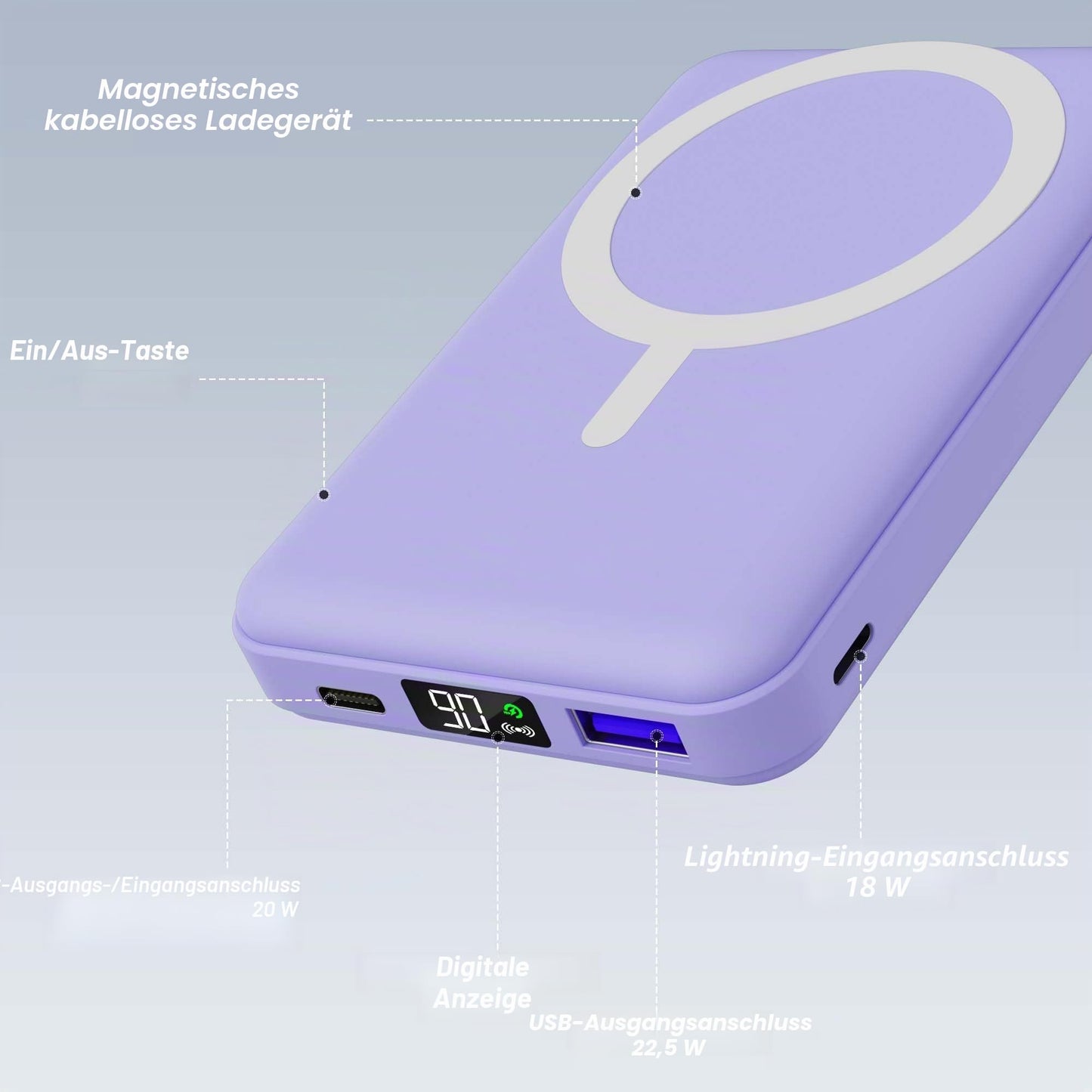 AOGUERBE Wireless Power Bank, 10,000mAh Foldable Magnetic Power Bank PD 22.5W Fast Charging with LED Display, Compatible with MagSafe for iPhone 17/16/15/14/13/12/Pro/Pro Max Series. (light violet) - KT-D009
