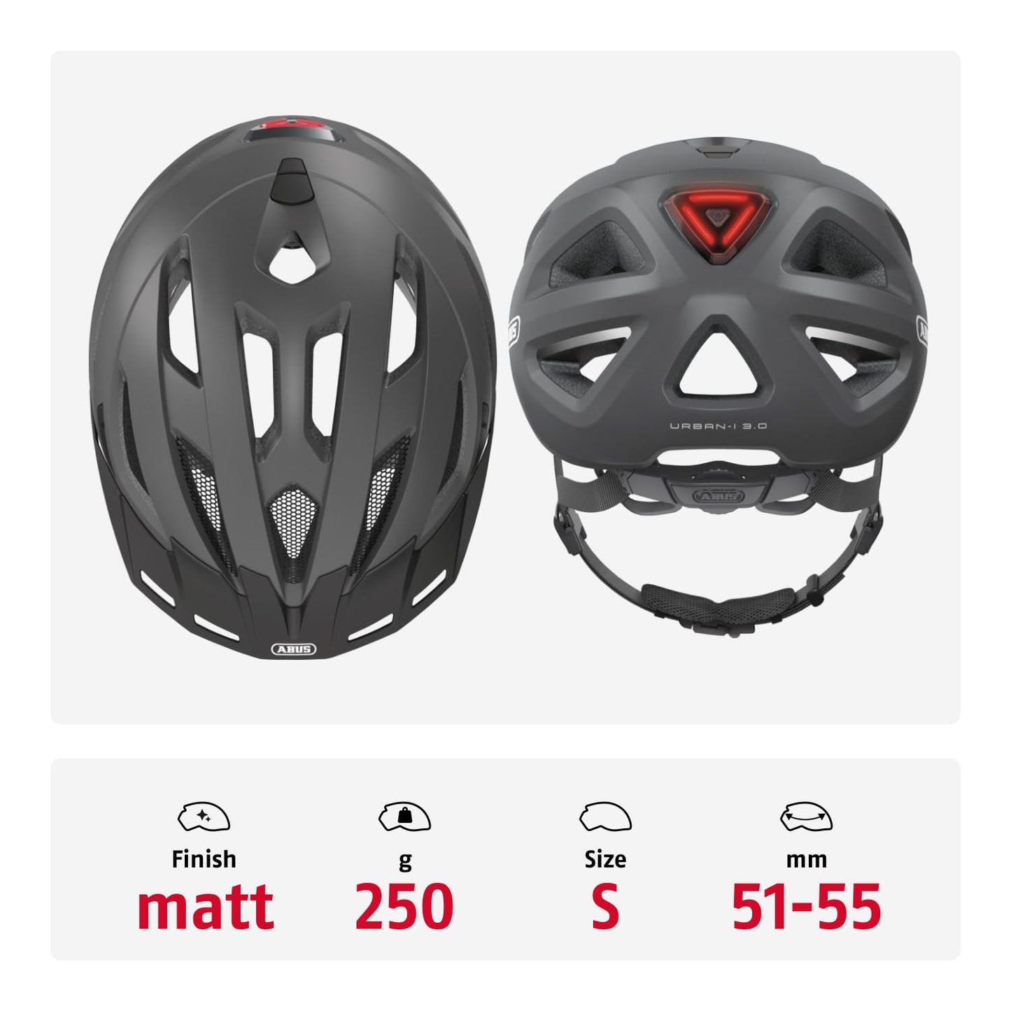 ABUS city helmet Urban-I 3.0 - bicycle helmet with rear light, peak and magnetic closure - for men and women - titanium (greyish), size S - 86862