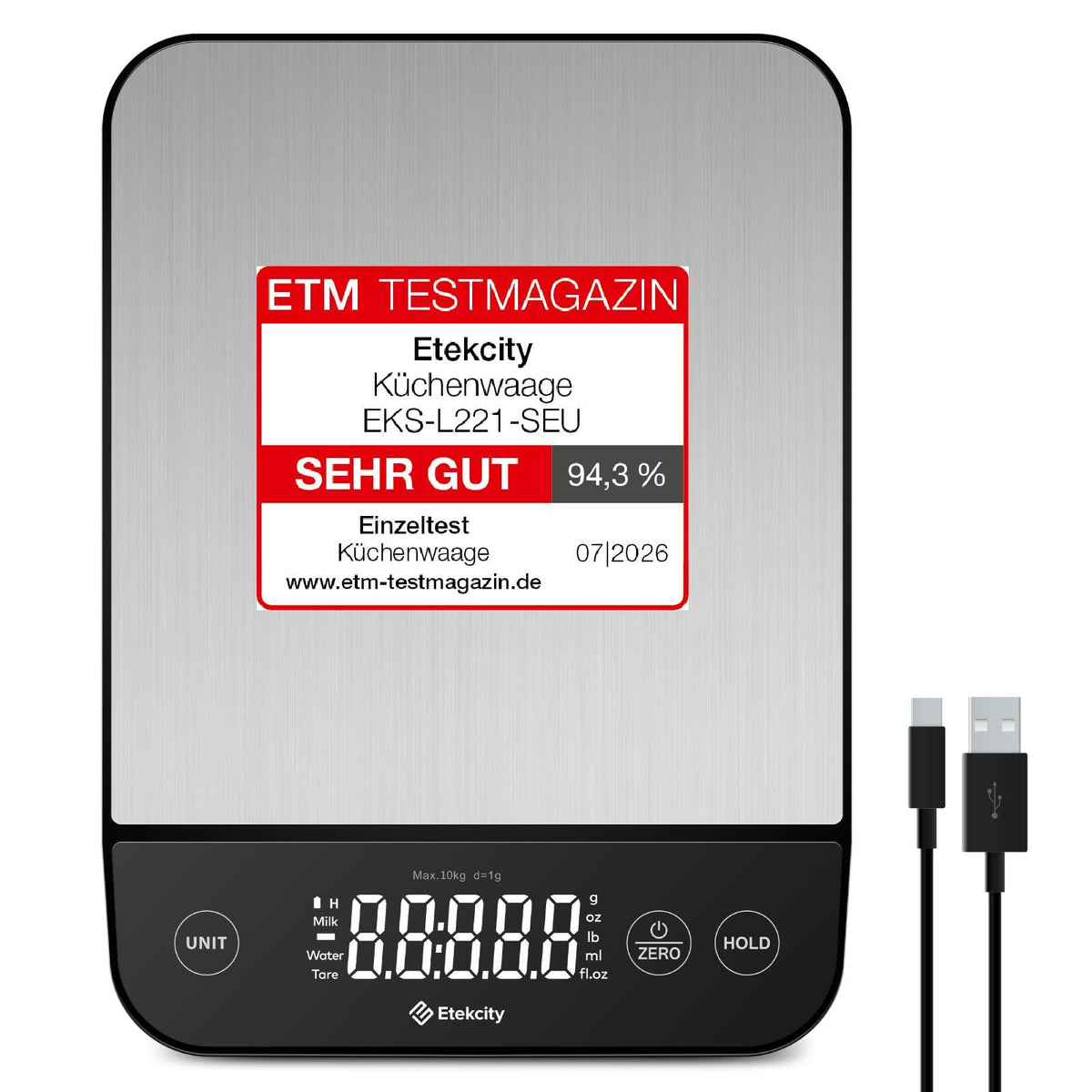Etekcity 10kg Digital Kitchen Scale - Stainless Steel Kitchen Scale with USB Charging - EKS-L221
