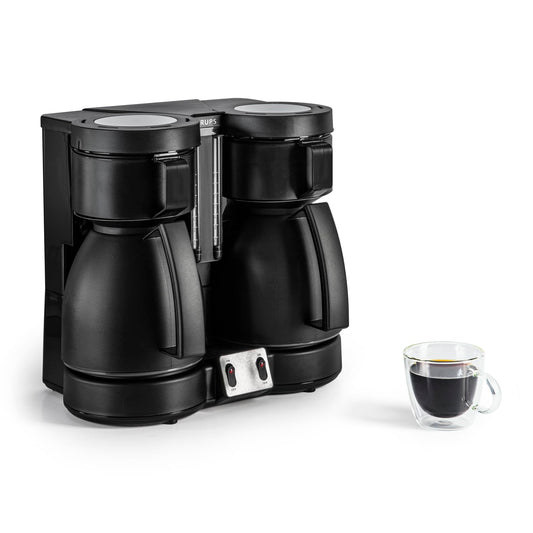 KRUPS Duothek Thermo Filtru de cafea, două carafe izolate separate și procese de preparare, performanță de izolare foarte bună, comutator de pornire și oprire cu lumini de control, 2 x 8 cești, Negru, KT8501