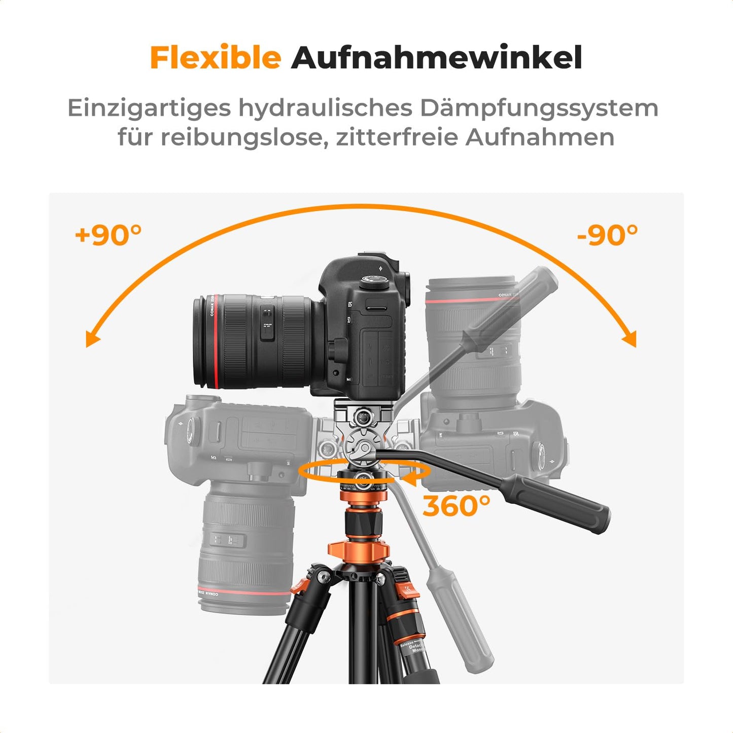 K&F CONCEPT black-orange video tripod video tripod with fluid head, 200cm tripod for on the go, with removable monopod, aluminum travel tripod K234A7+FH-03