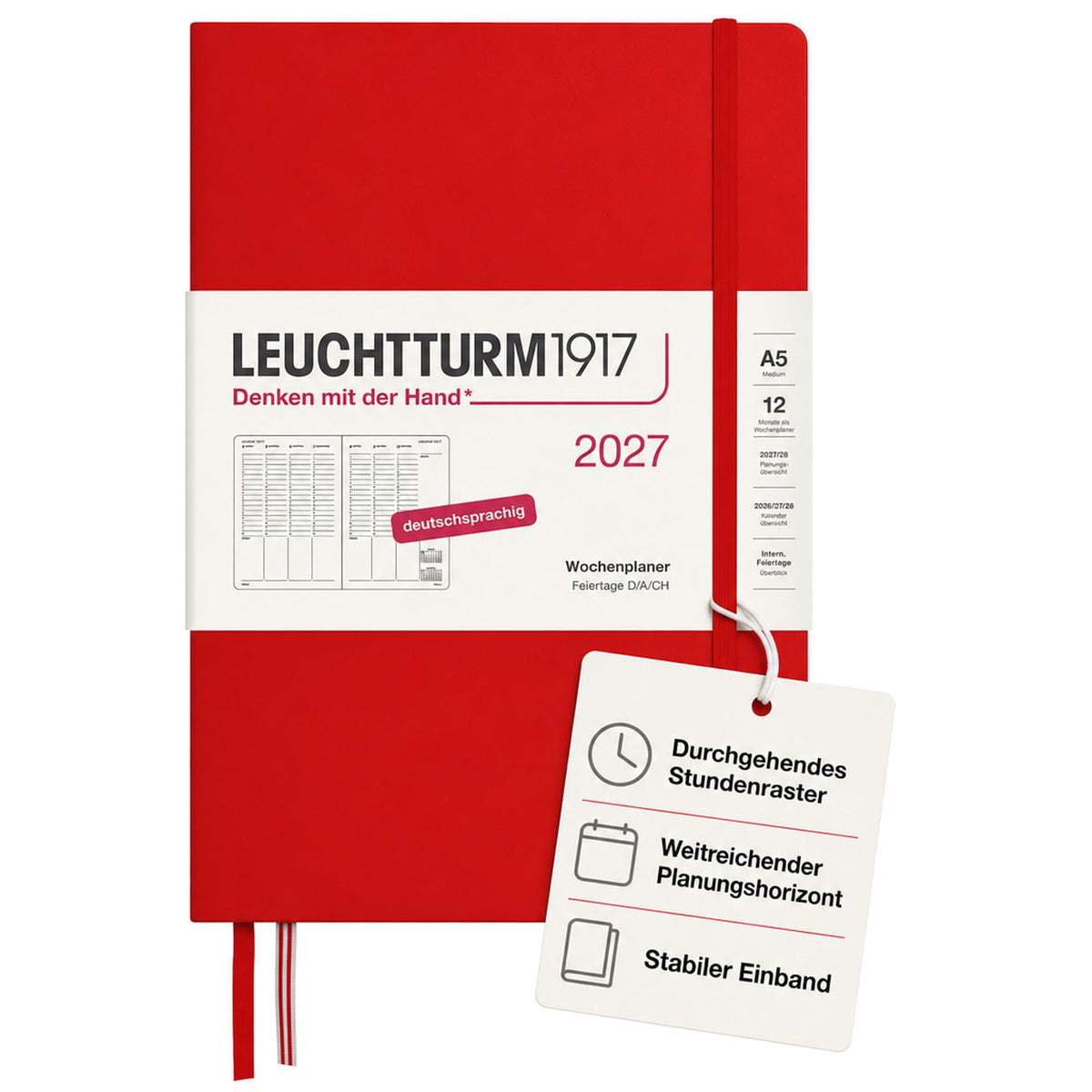LEUCHTTURM1917 Weekly Planner 2027 Medium (A5) - German, Cherry, 210 x 145 mm, January-December (12 months), weekly overview with hourly grid 7:00-22:00 per column, hardcover, 80 g/m² paper - 400147
