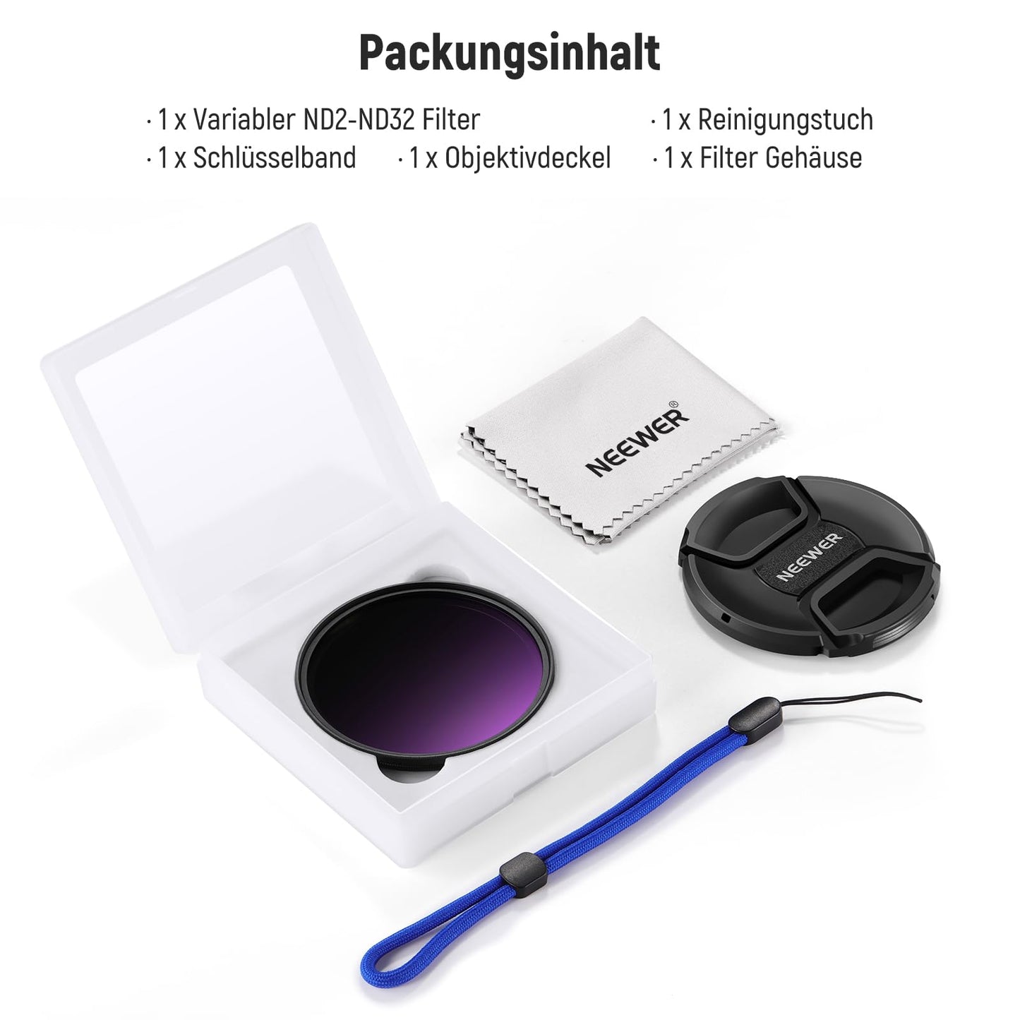 NEEWER 72mm ND2-32 (1-5 Stops) Variable ND Filter Gray Filter with Lens Cap Cleaning Cloth, Precise Adjustment of Neutral Density, Multi-Coated Optical Glass, Camera Photography Accessories - NW