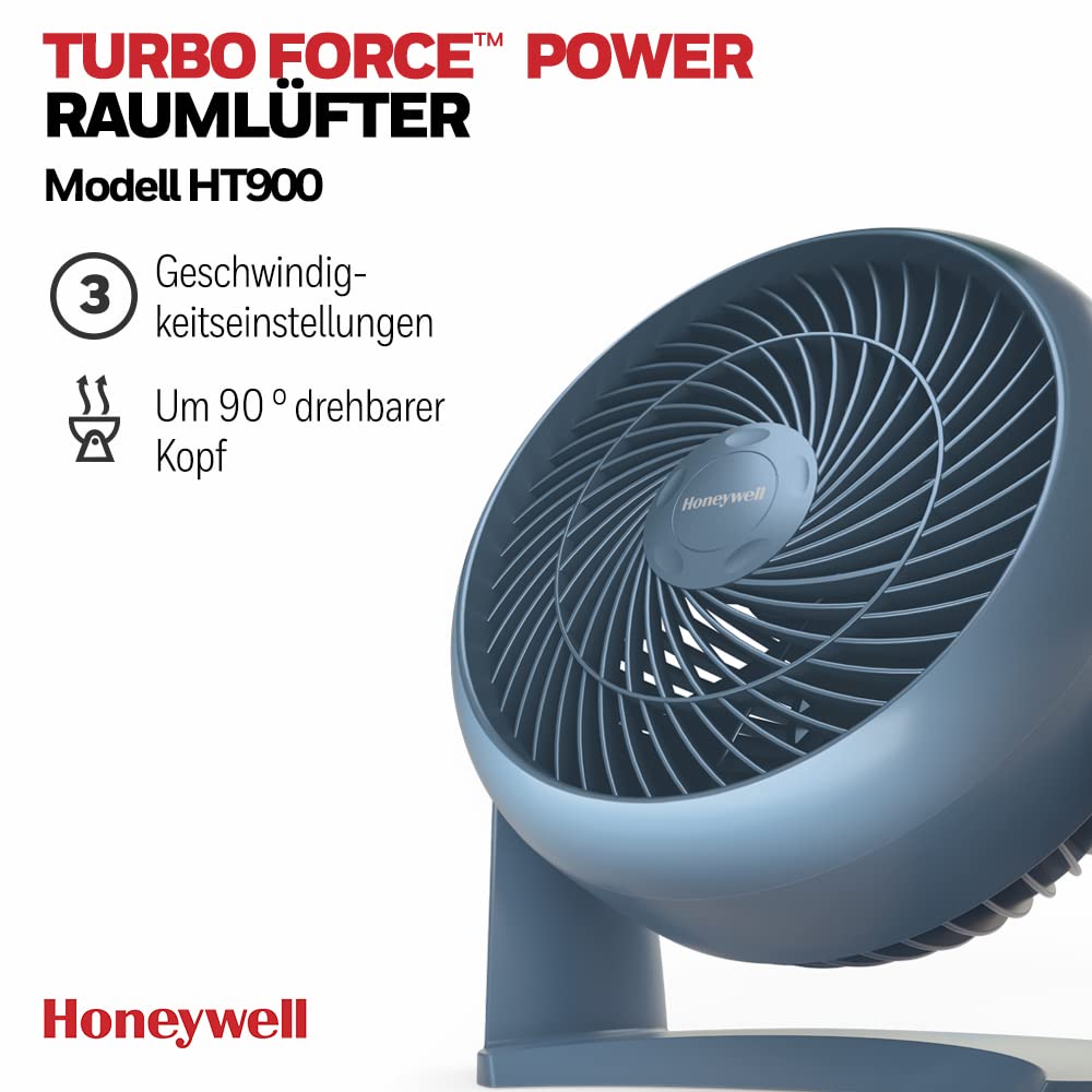 Honeywell TurboForce turbo fan - blue version (low-noise cooling, adjustable tilt angle up to 90°, 3 speed settings, wall mounting, table fan) HT900NE4