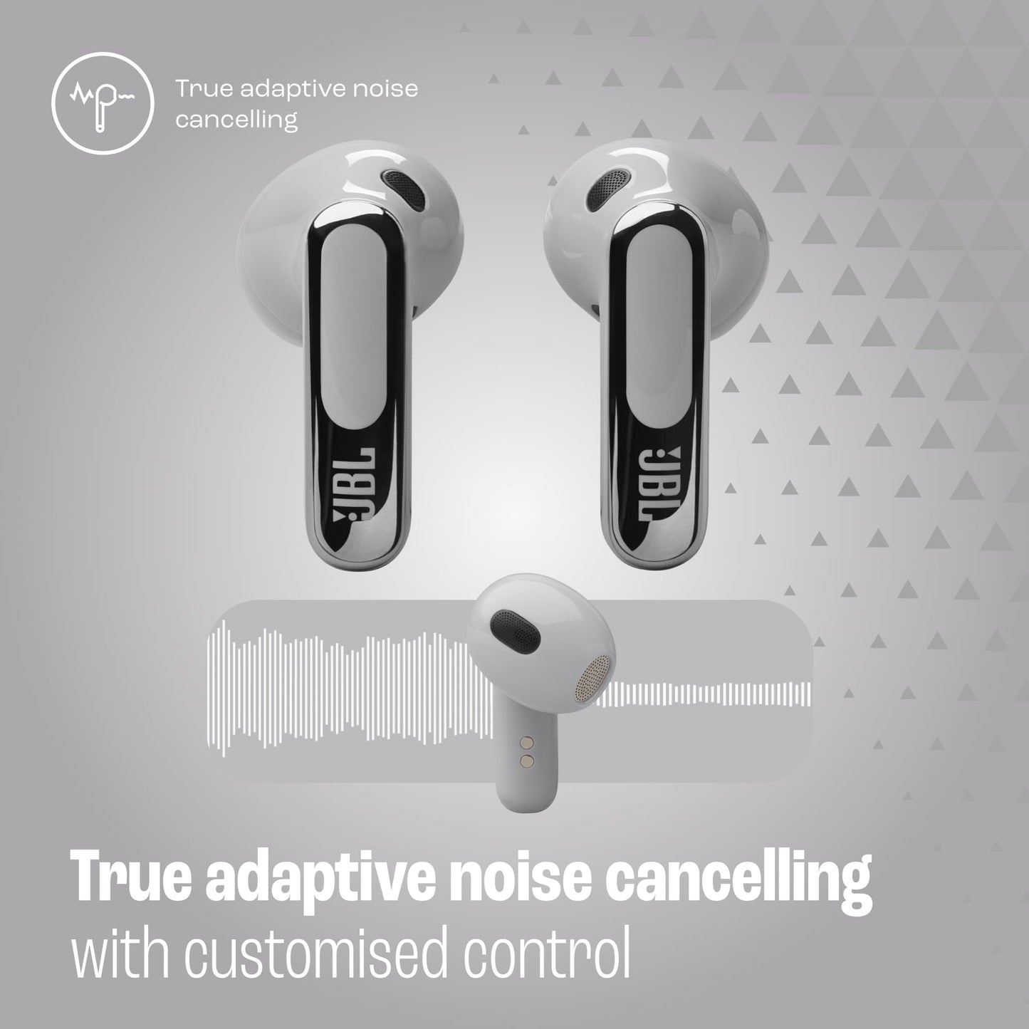 JBL Live Flex 3, wireless earbud headphones with Bluetooth, 50 hours of battery life, True Adaptive Noise Canceling and high-resolution JBL Signature Sound, IP54 waterproof, with earplugs, silver - JBLLIVEFLEX3SIL