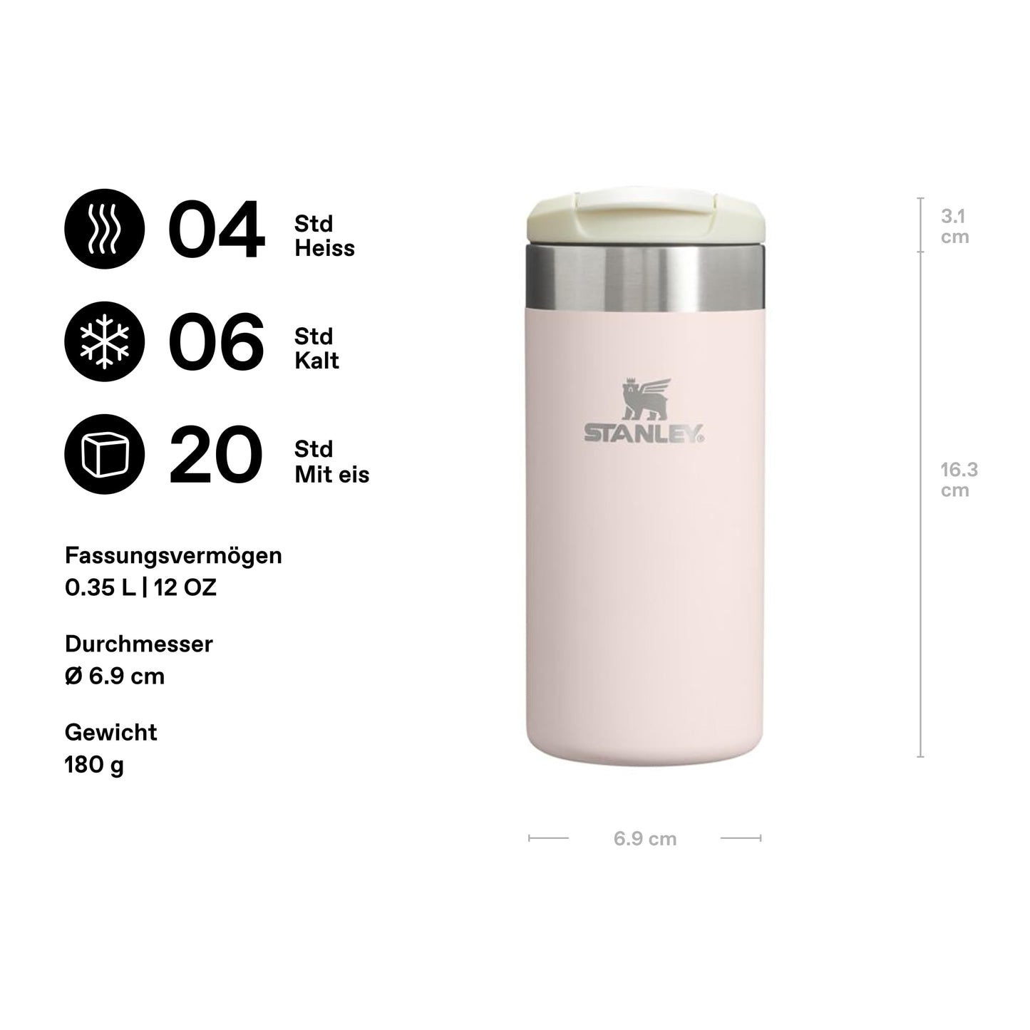 Stanley 1913 Aerolight Transit Thermo Mug 0.35L - Keeps Hot for 4 Hours - Dishwasher Safe - Coffee Mug To Go Leak-Proof - Compatible with Common Car Drink Holders - Rose - 100000108129
