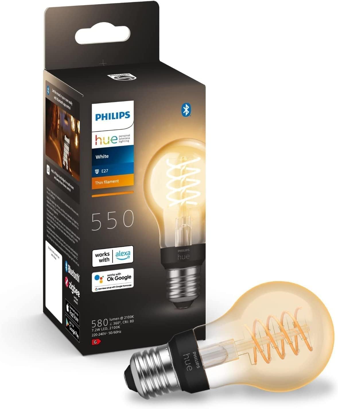 Philips Hue White E27 filament lamp (550 lm), dimmable LED lamp for the Hue lighting system with warm white light, smart light control via voice and app, pack of 1 - 929003051401