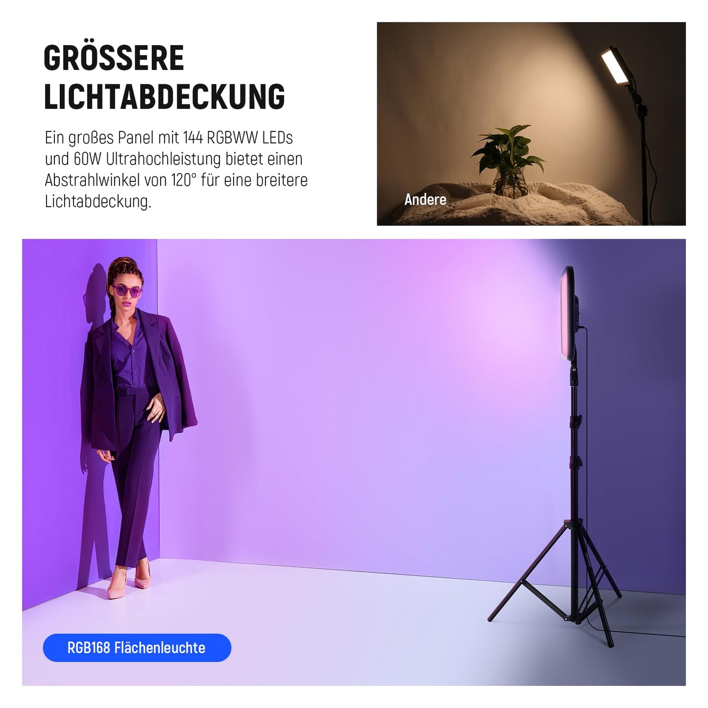 NEEWER RGB168 18.3" 60W RGB LED Video Light Panel Set with Tripod Stand App Control 360° Full Color Dimmable 2500K-8500K RGB Video Light/CRI 97+/17 Scene Effects Studio Continuous Light Photography, 2 Pack - 10101825