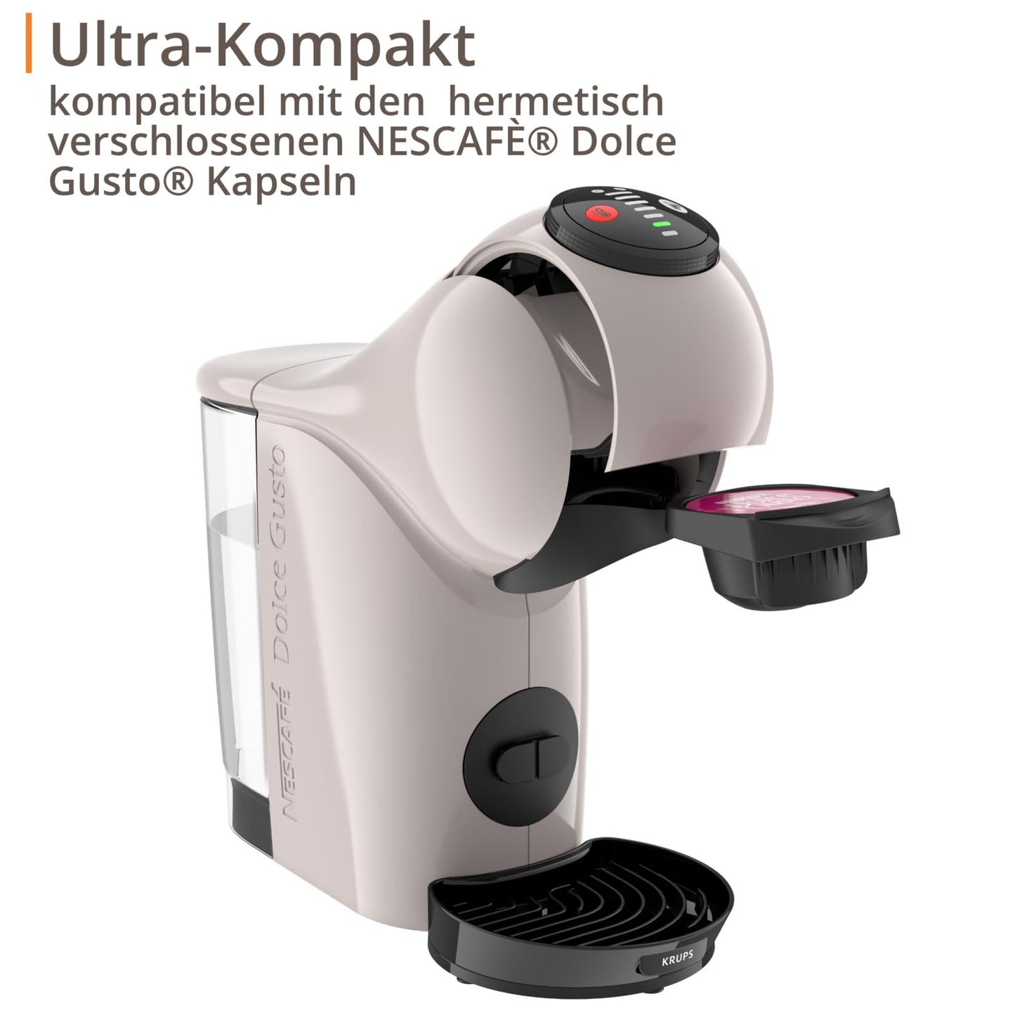 NESCAFÉ DOLCE GUSTO Genio S coffee capsule machine, removable water tank 0.8 liters, hot and cold drinks, 1500 watts, 15 bar pump pressure, eco mode, particularly compact, taupe, KP243AF0