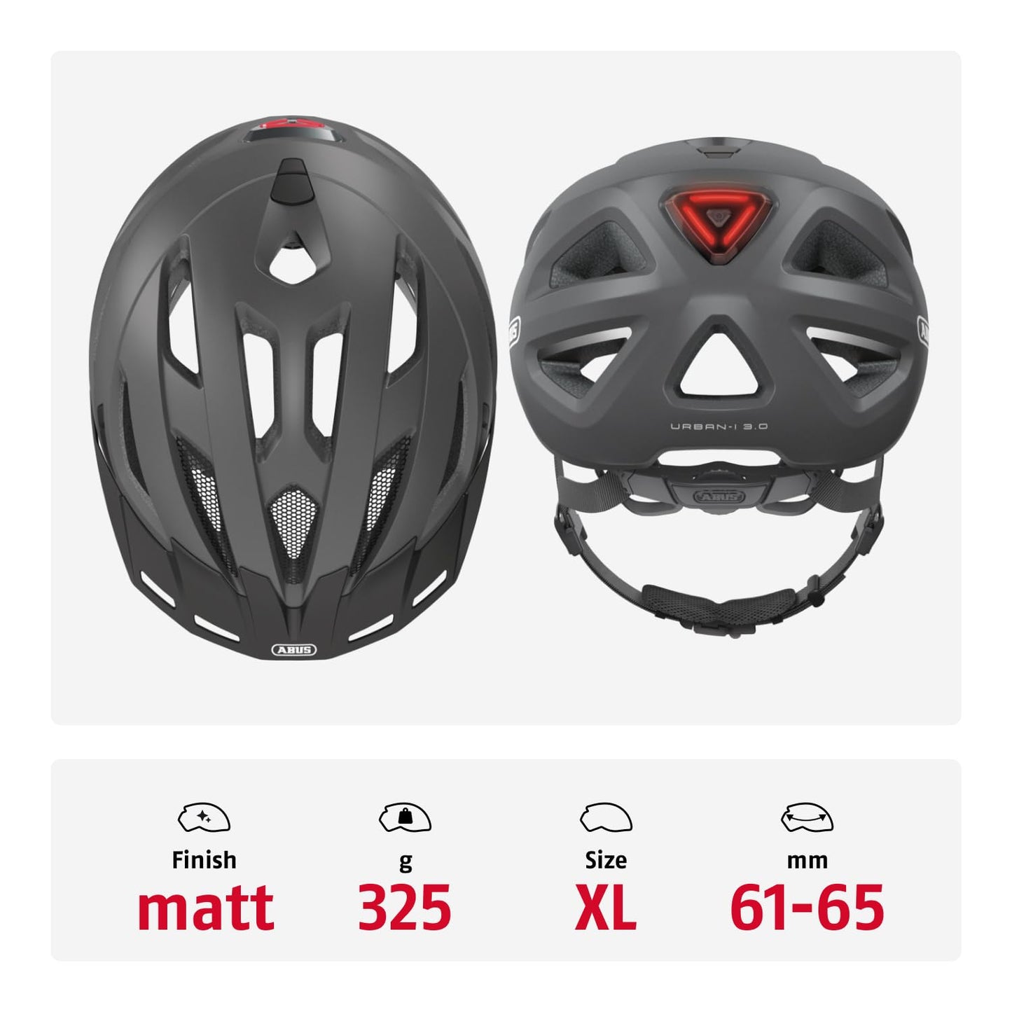 ABUS city helmet Urban-I 3.0 - bicycle helmet with rear light, peak and magnetic closure - for men and women - titanium (greyish), size XL - 86865