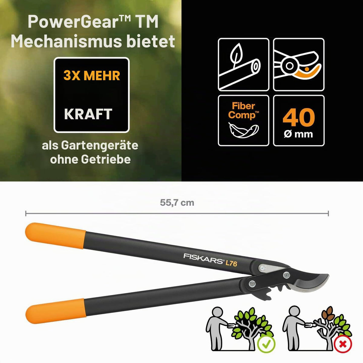 Fiskars PowerGear II Bypass Pruning Shears for Fresh Wood, Non-Stick Coating, Hardened Precision Steel, Length: 56 cm, Black/Orange, L76, 1001553
