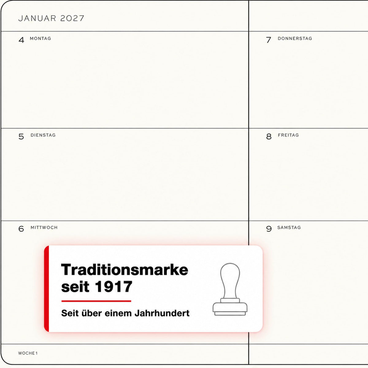 LEUCHTTURM1917 Calendar săptămânal 2027 Mediu (A5) - Germană, Negru, Hardcover, 145 x 210 mm, 12 luni - ianuarie-decembrie 2027, 1 săptămână pe pagină dublă, hârtie de 80 g/m² cu compatibilitate ridicată cu cerneală - 400101