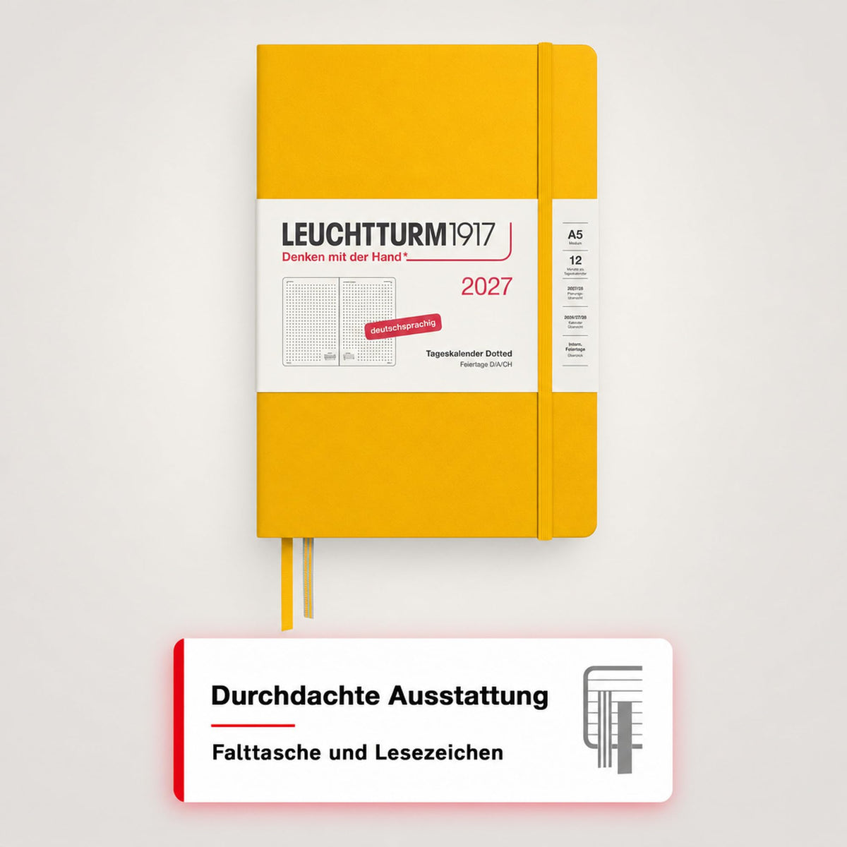 LEUCHTTURM1917 Calendar zilnic 2027 punctat mediu (A5) - germană, floarea soarelui, 145 x 210 mm, ianuarie-decembrie (12 luni), 1 pagină pe zi, grilă orară 7:00-22:00, copertă cartonată, hârtie de 80 g/m² - 400168