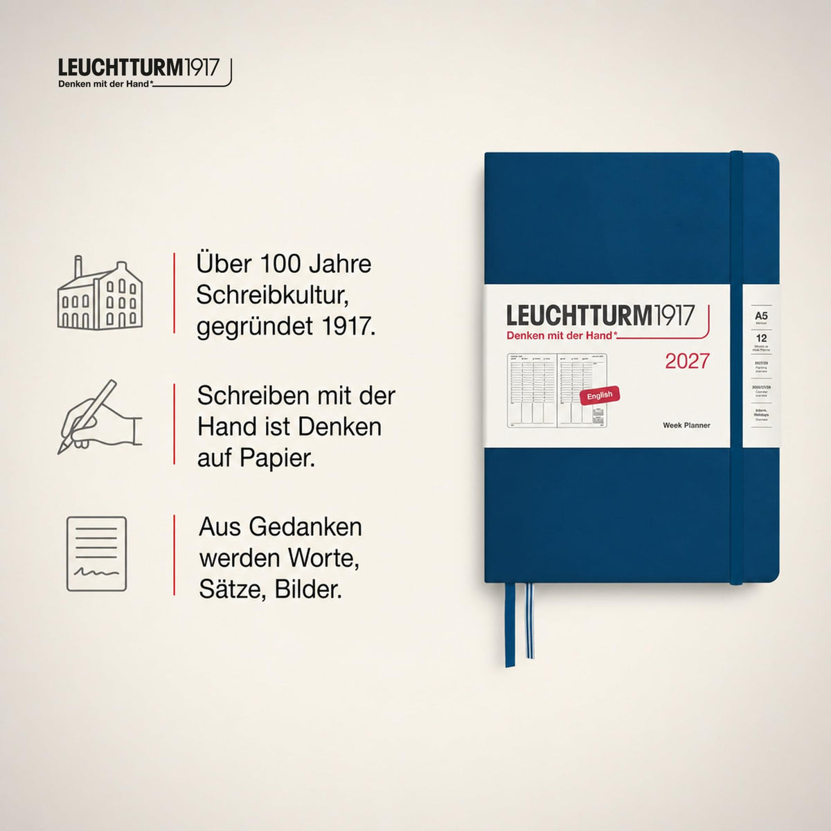 LEUCHTTURM1917 Weekly Planner 2027 Medium (A5) - English, Indigo, 210 x 145 mm, January-December (12 months), weekly overview with hourly grid 7:00-22:00 per column, hardcover, 80 g/m² paper - 400318