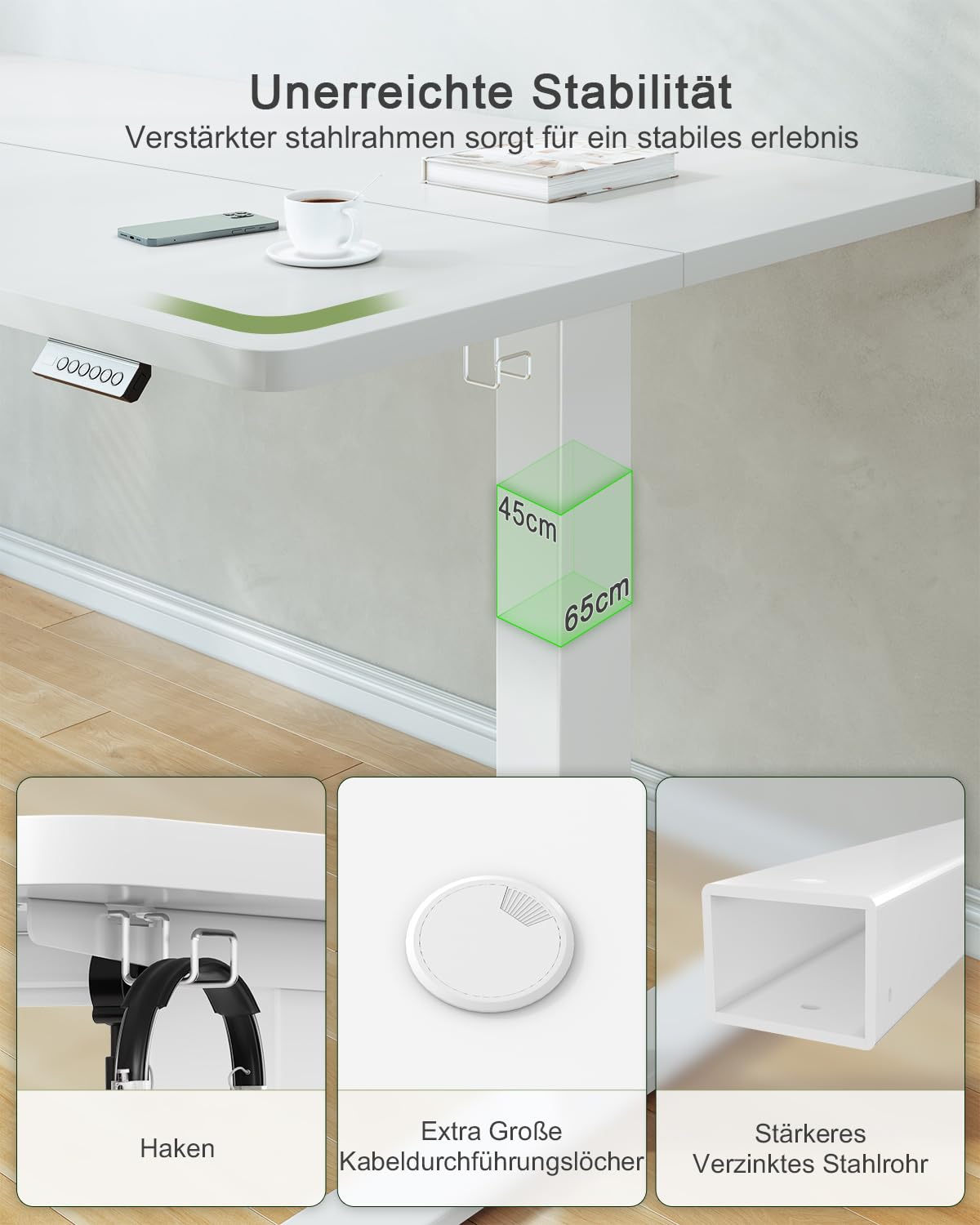 JUMMICO Birou reglabil pe înălțime cu port de încărcare USB, birou electric reglabil pe înălțime 100 x 60 cm, masă stand-sit, birou standing, masă de calculator reglabilă, birou în picioare, alb - 0403