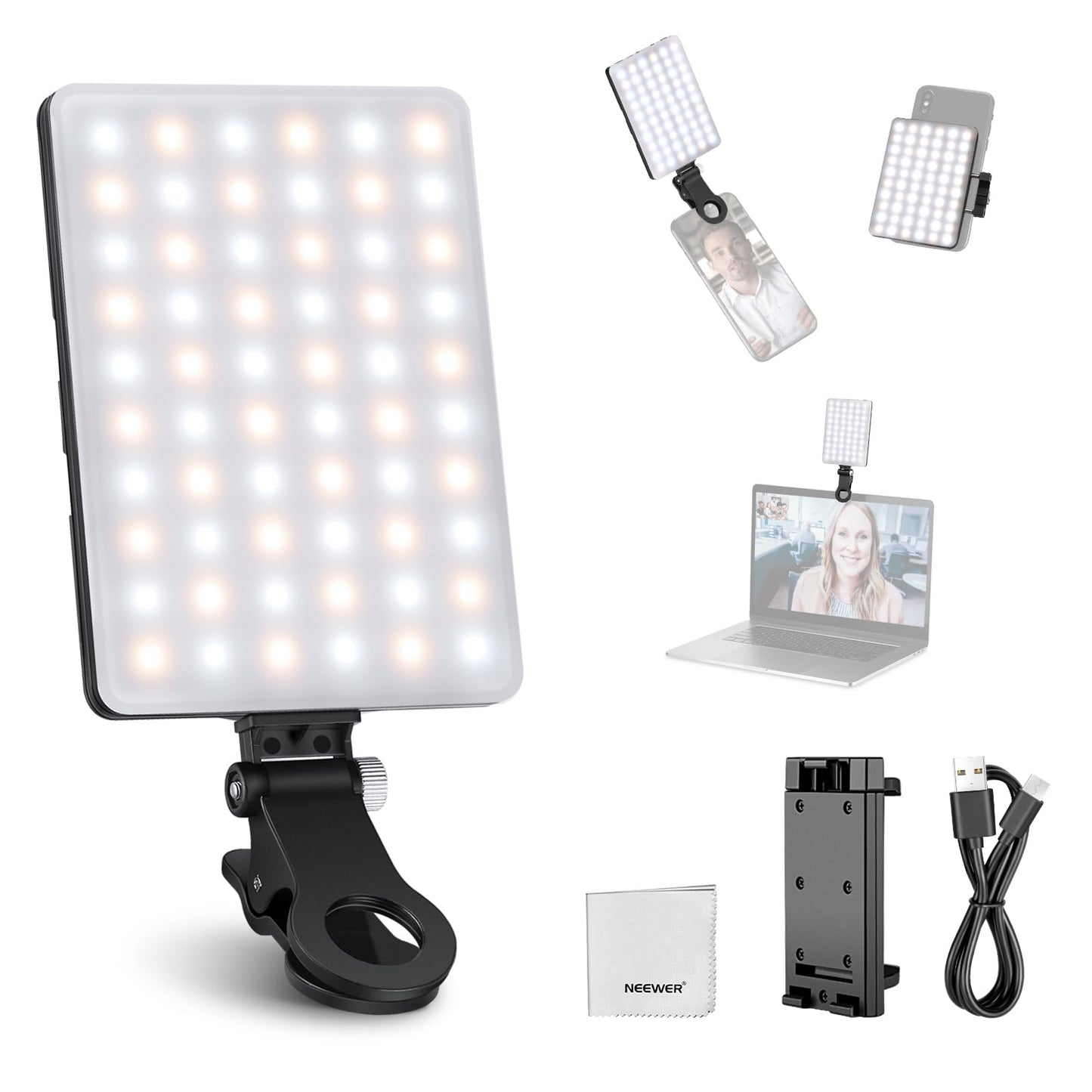 NEEWER Basics Clip on LED Selfie Light Compatible with iPhone, 2000mAh Rechargeable, Phone Clip Holder & Cleaning Cloth, Webcam Laptop Zoom Conference Makeup Fill Video Light, NL-60AI