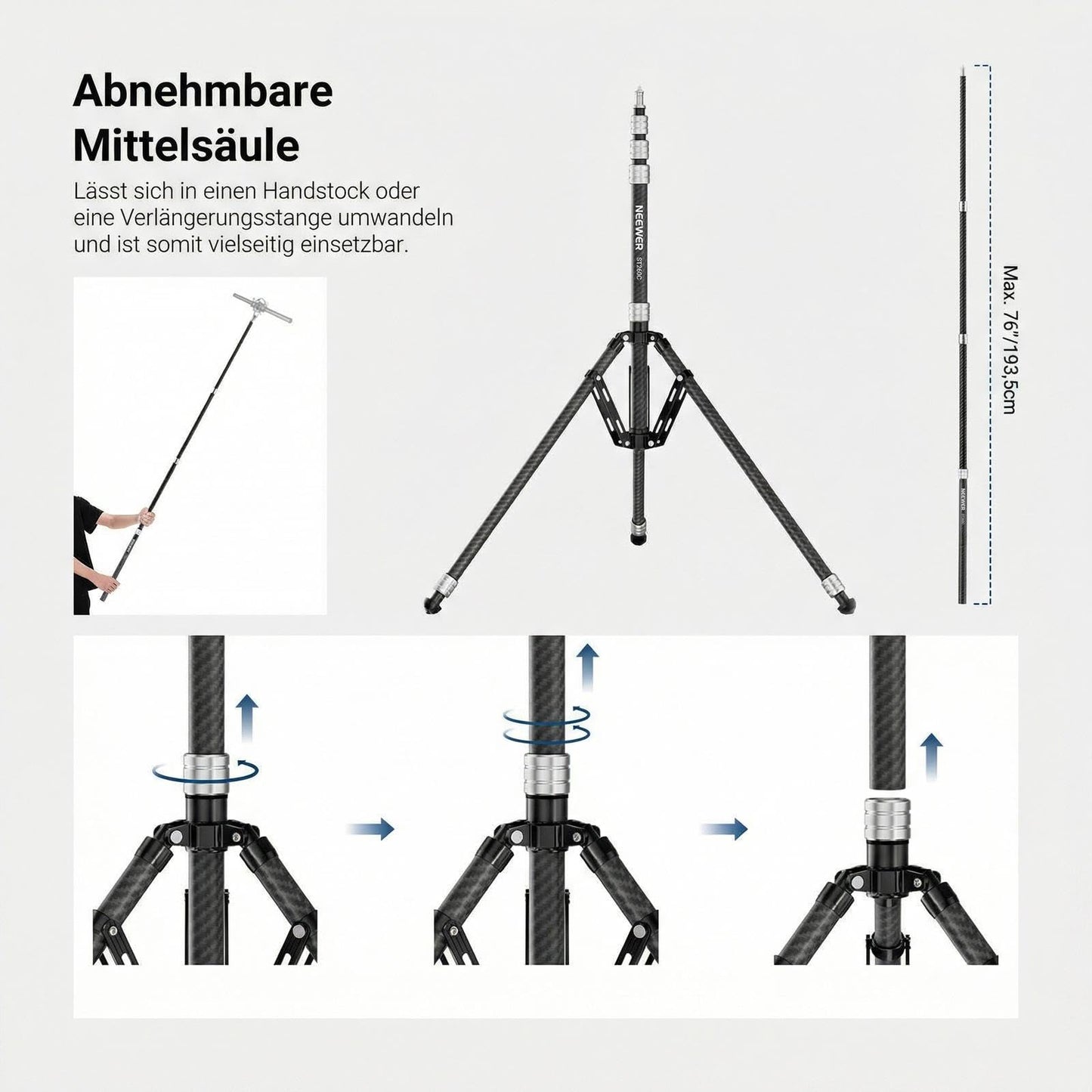 NEEWER Carbon Fiber Light Tripod with Reversible Legs, 35"-102" Portable Lightweight Photo Tripod for Flash Light Softbox Ring Light Action Camera DSLR Streaming Shooting, 6.6lb/3kg Max Load, ST260C